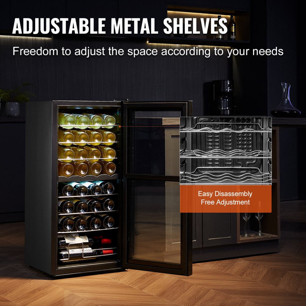 Vinoteca VEVOR para 32 botellas, con doble zona y doble temperatura, independiente, con control digital, puerta de vidrio templado con protección UV, ideal para almacenar vino tinto y blanco en tu bar.