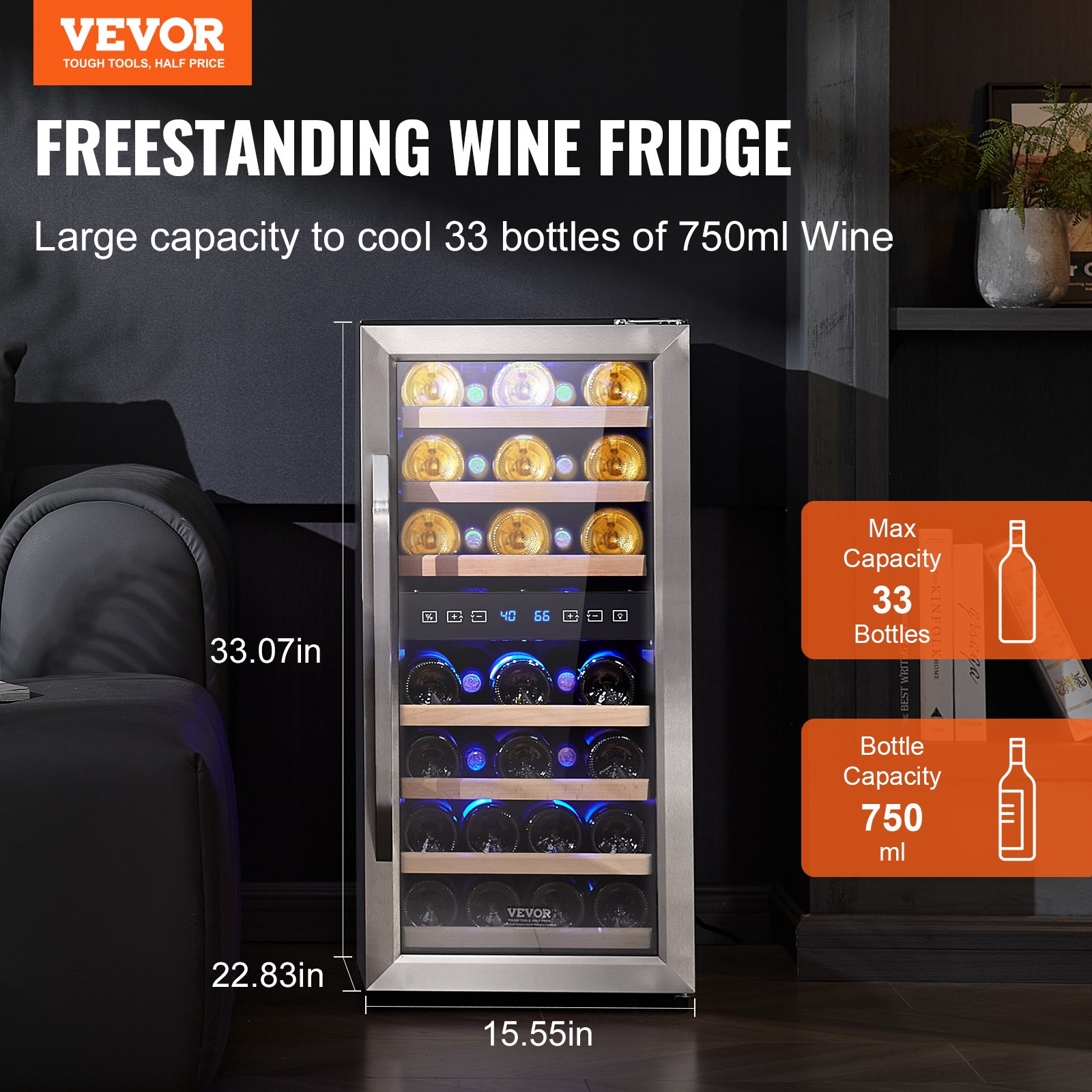 Vinoteca VEVOR para 33 botellas, con doble zona y doble temperatura, independiente, con refrigeración por aire circulante y control digital, puerta de vidrio templado con protección UV, ideal para bar en casa.