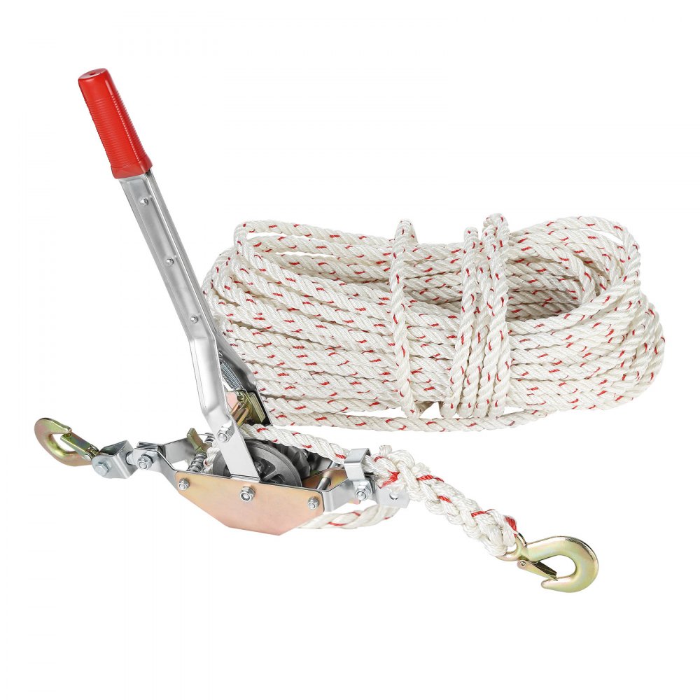 Tirador de cuerda VEVOR con mango rojo, cuerda blanca enrollada con detalles rojos y ganchos de metal.