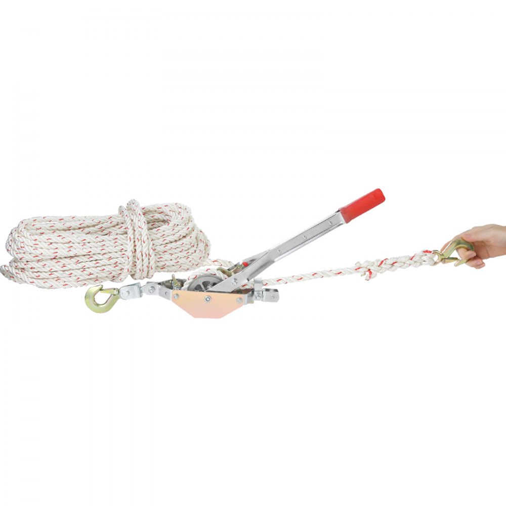 Tirador de cuerda VEVOR con palanca de mango rojo, cuerda enrollada y gancho de metal en la mano.