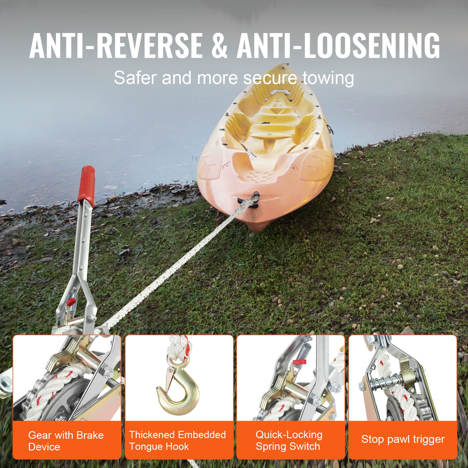 Tirador de cuerda VEVOR para remolcar un kayak desde la orilla con funciones anti-retroceso y anti-aflojamiento.