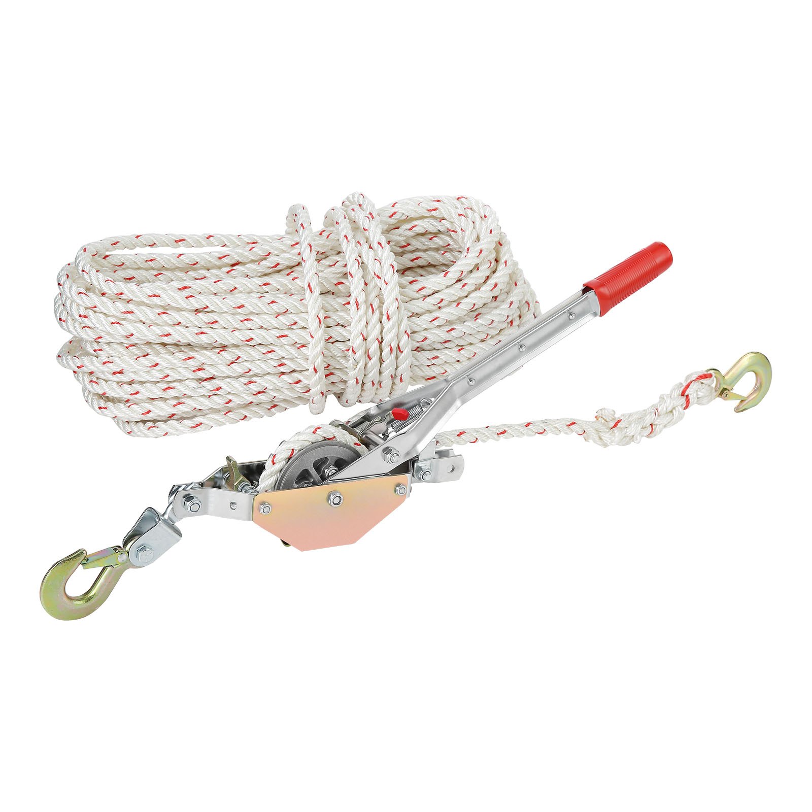 Tirador de cuerda VEVOR con construcción de metal duradero, mango de goma roja y cuerda blanca enrollada con ganchos.