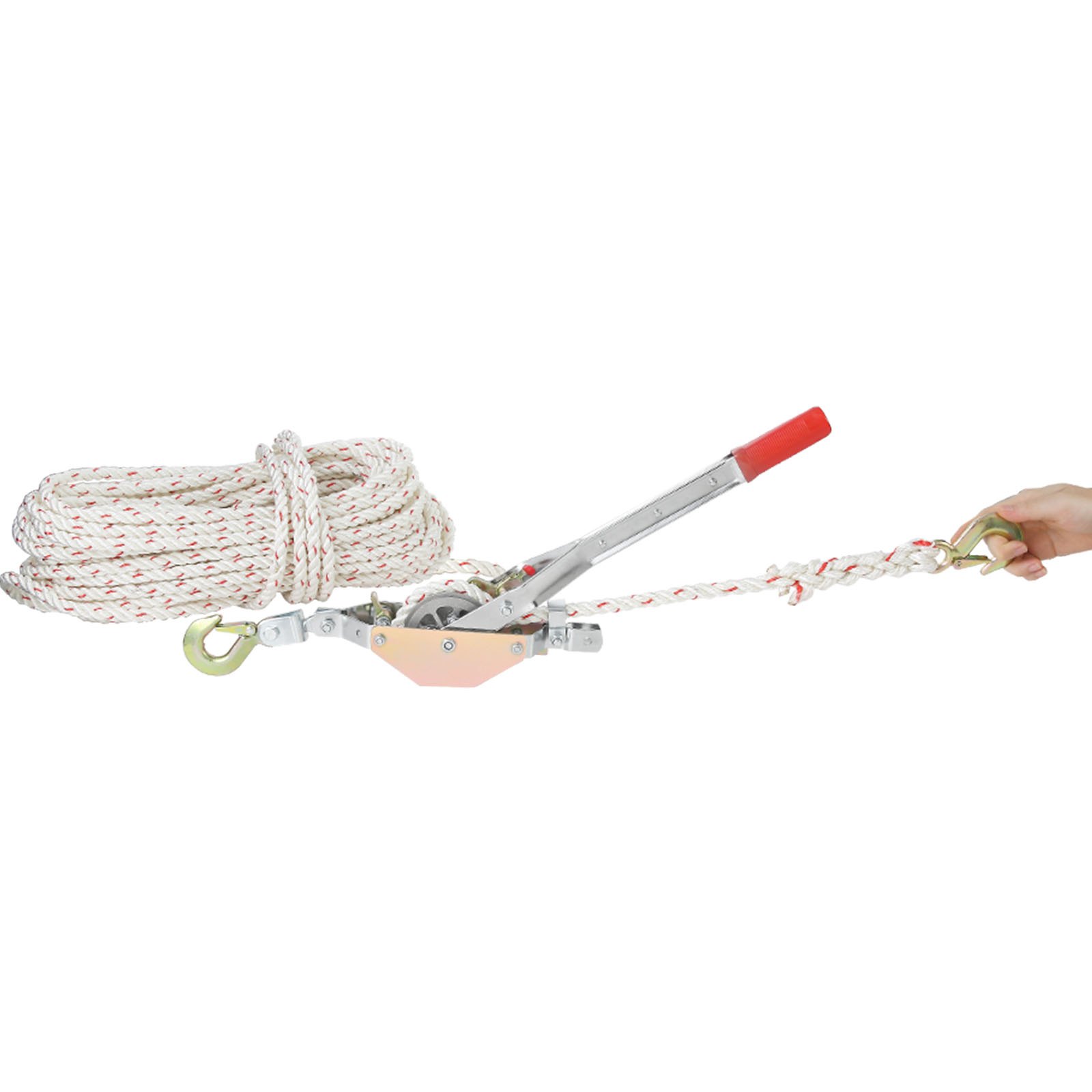 Tirador de cuerda VEVOR con palanca de mango rojo, cuerda enrollada y gancho de metal en la mano.