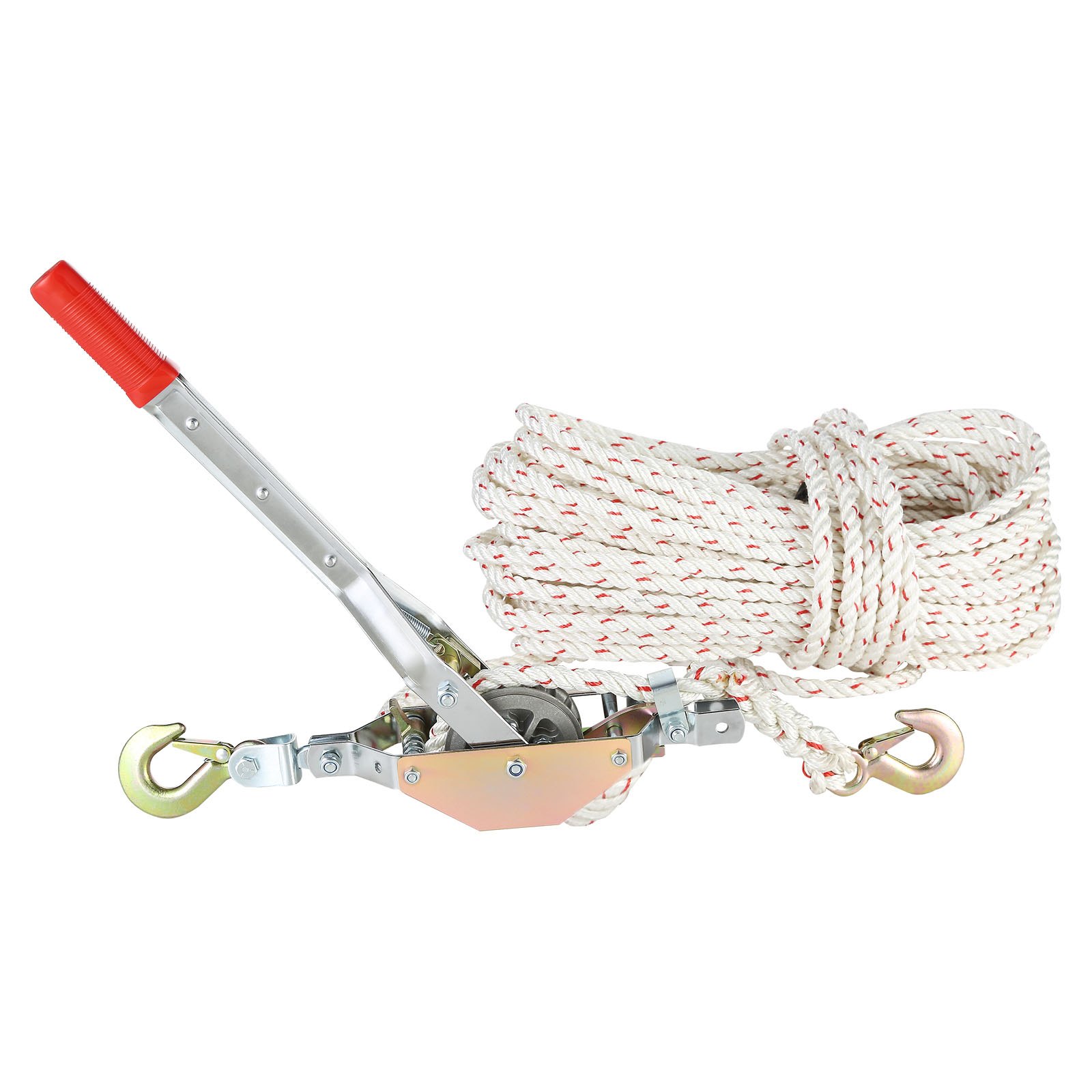 Tirador de cuerda VEVOR con mango rojo, ganchos dobles y cuerda blanca enrollada con detalles rojos.