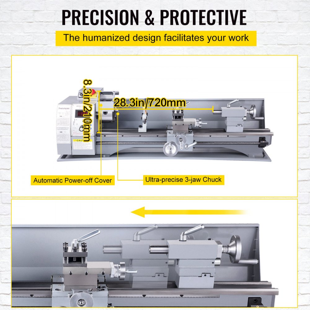 VEVOR Torno de metal, mini torno 210x800, cambio de velocidad variable de 2500 RPM, mini torno de precisión de 850 W, torno para trabajar metales con motor sin escobillas, fresadora para varios tornea