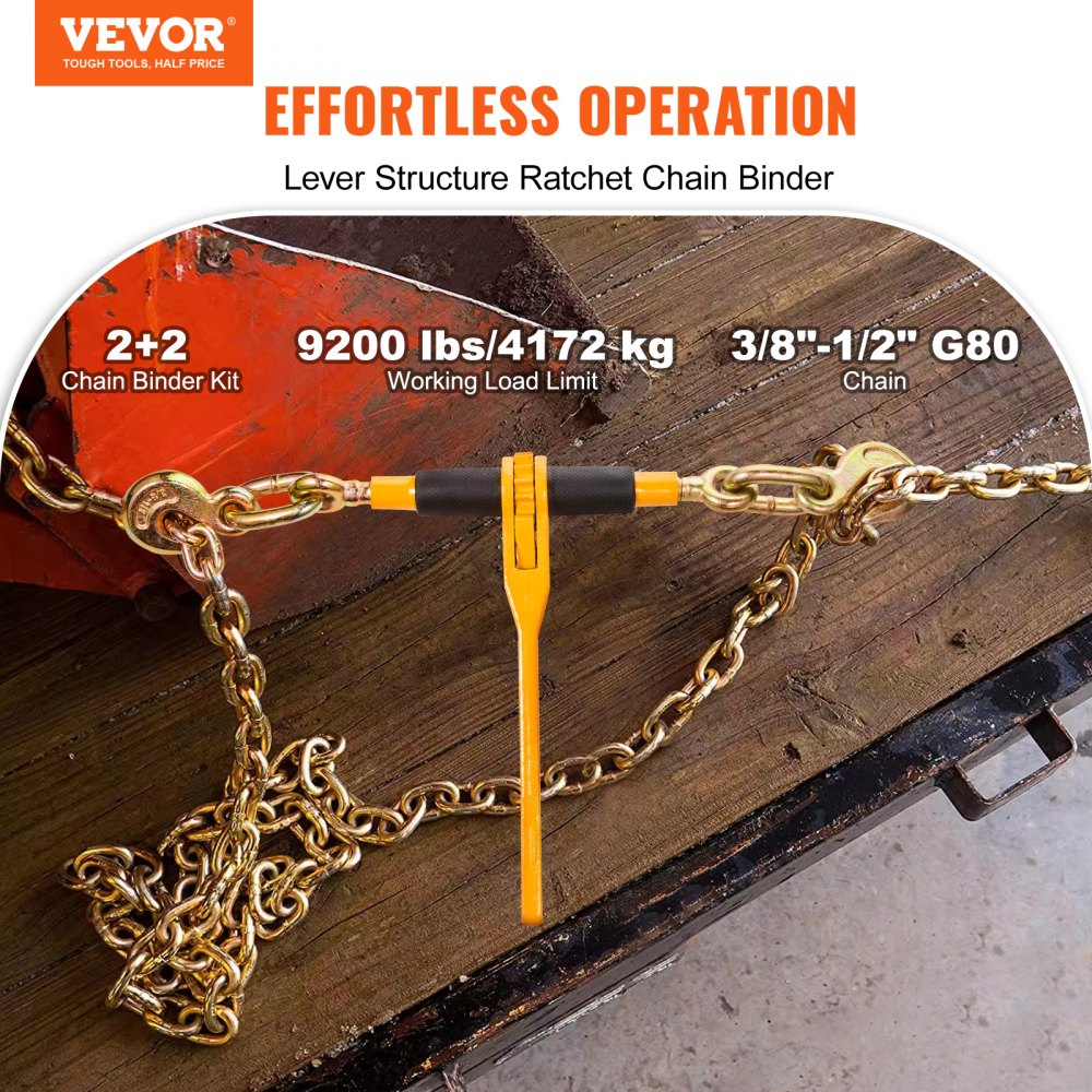 Kit de cadena y tensor VEVOR, tensores de trinquete de 3/8" a 1/2", carga máxima de trabajo de 9200 lb, cadenas G80 de 3/8" x 10' con ganchos de agarre, tensores de trinquete y cadenas para camión, amarre, transporte y remolque (2 juegos)