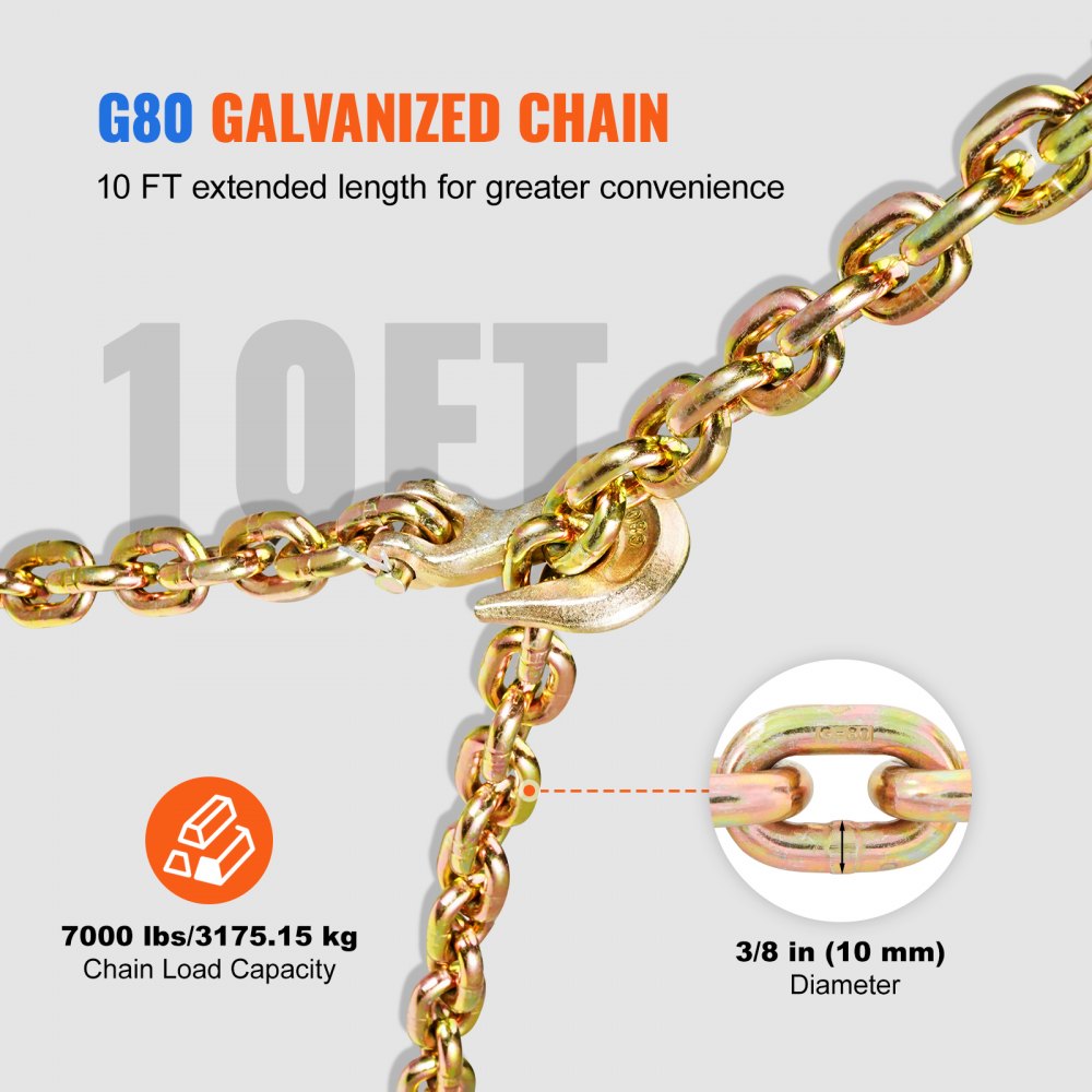 Kit de cadena y tensor VEVOR, tensores de trinquete de 3/8" a 1/2", carga máxima de trabajo de 9200 lb, cadenas G80 de 3/8" x 10' con ganchos de agarre, tensores de trinquete y cadenas para camión, amarre, transporte y remolque (2 juegos)