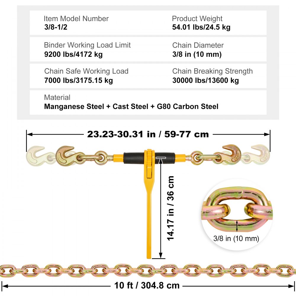 Kit de cadena y tensor VEVOR, tensores de trinquete de 3/8" a 1/2", carga máxima de trabajo de 9200 lb, cadenas G80 de 3/8" x 10' con ganchos de agarre, tensores de trinquete y cadenas para camión, amarre, transporte y remolque (2 juegos)