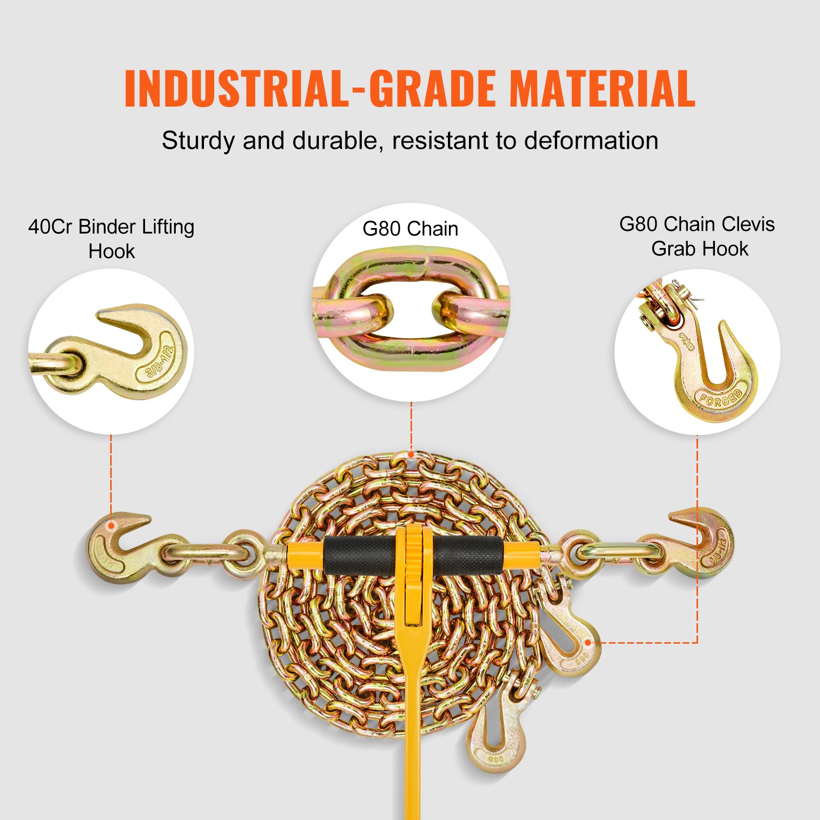 Kit de cadena y tensor VEVOR, tensores de trinquete de 3/8" a 1/2", carga máxima de trabajo de 9200 lb, cadenas G80 de 3/8" x 10' con ganchos de agarre, tensores de trinquete y cadenas para camión, amarre, transporte y remolque (2 juegos)