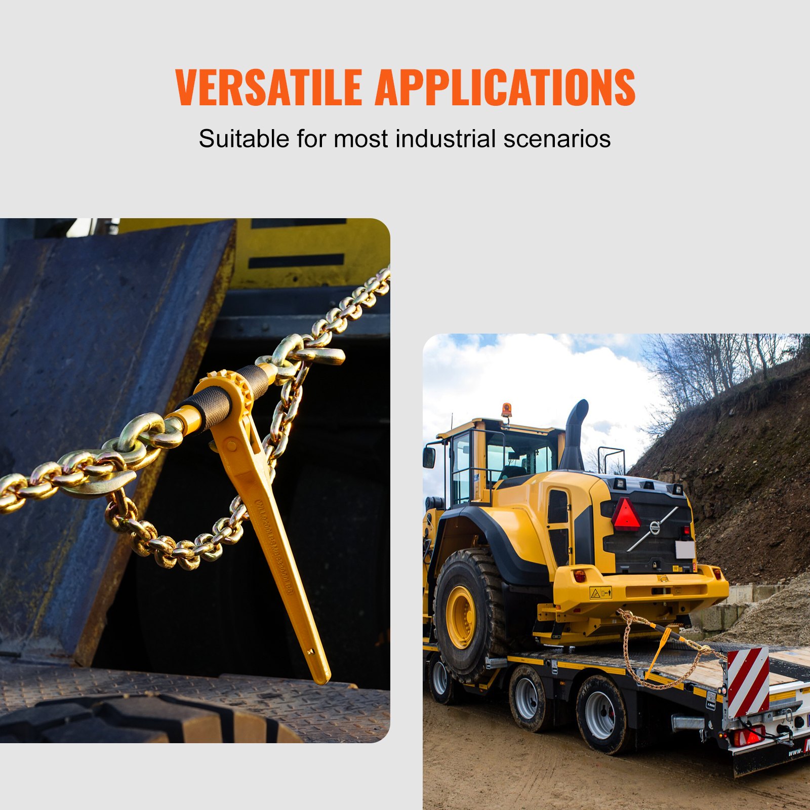 Kit de cadena y tensor VEVOR, tensores de trinquete de 3/8" a 1/2", carga máxima de trabajo de 9200 lb, cadenas G80 de 3/8" x 10' con ganchos de agarre, tensores de trinquete y cadenas para camión, amarre, transporte y remolque (2 juegos)