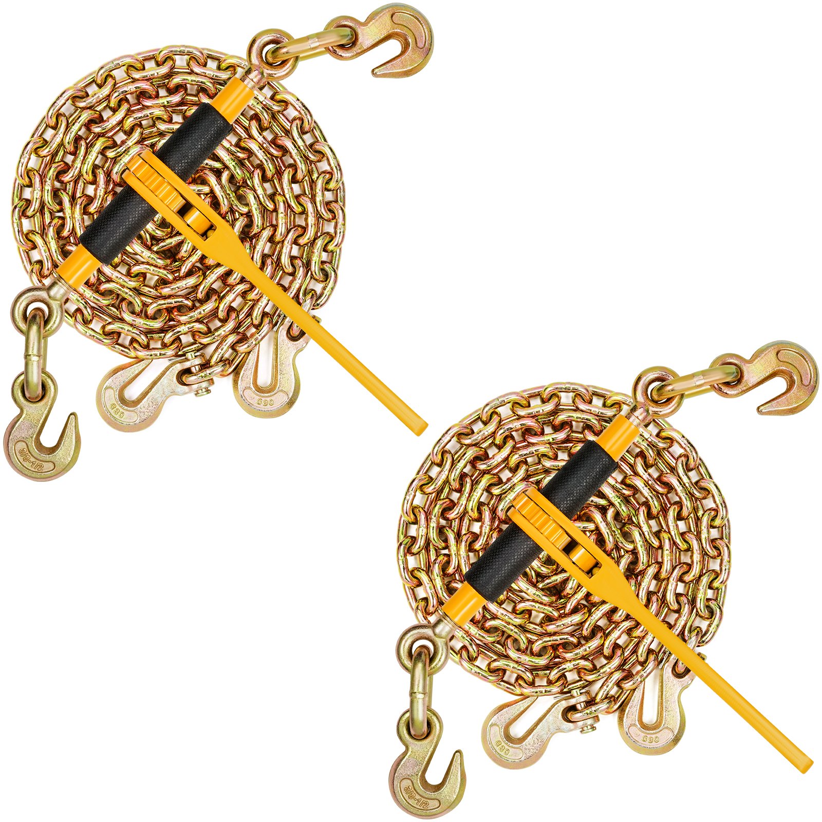 Kit de cadena y tensor VEVOR, tensores de trinquete de 3/8" a 1/2", carga máxima de trabajo de 9200 lb, cadenas G80 de 3/8" x 10' con ganchos de agarre, tensores de trinquete y cadenas para camión, amarre, transporte y remolque (2 juegos)