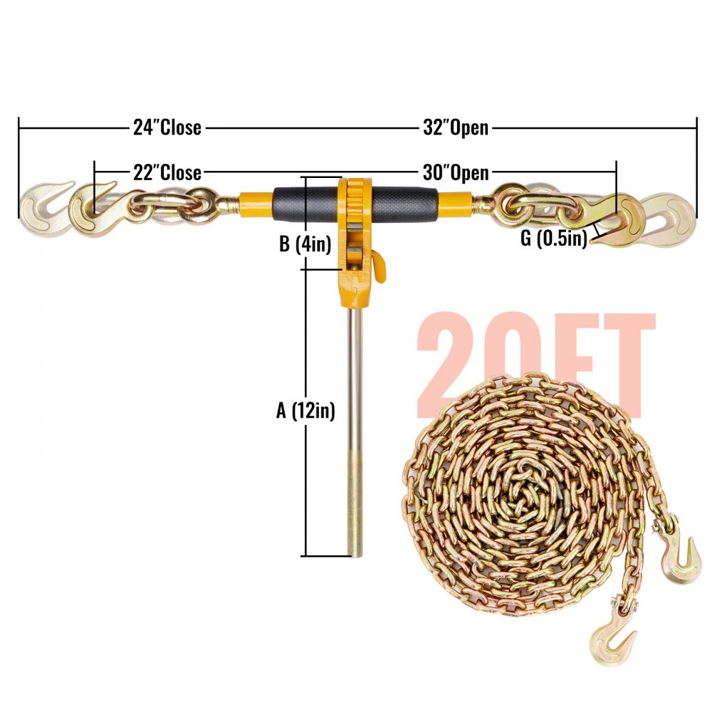 Atado de cadena con trinquete VEVOR con cadena de 20 pies, medidas de longitud y detalles del gancho.