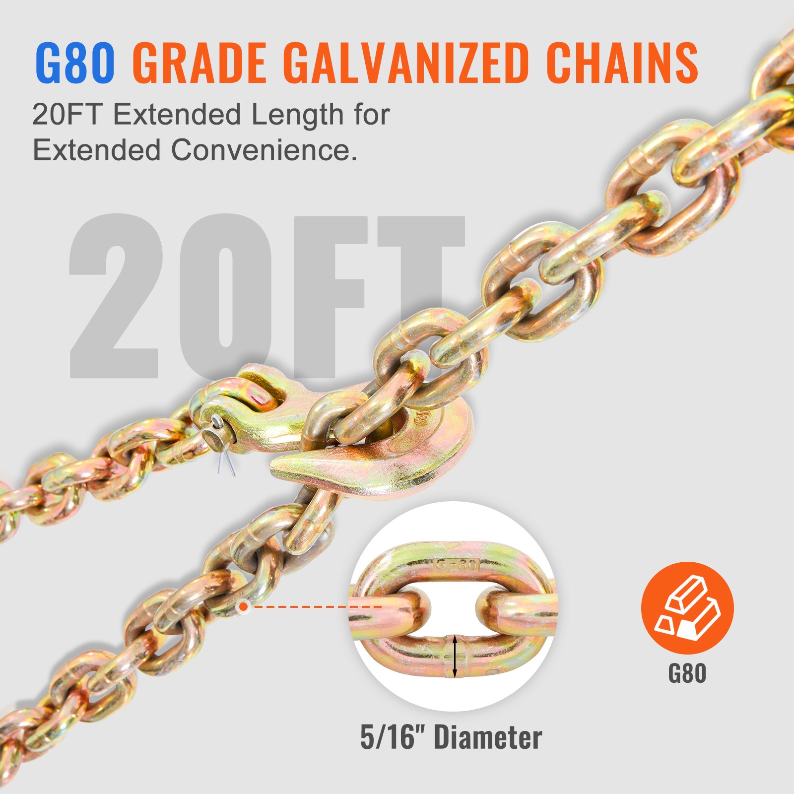 Cadenas galvanizadas de grado g80, 20 pies de largo, 5/16&quot; de diámetro, ideales para mayor comodidad.