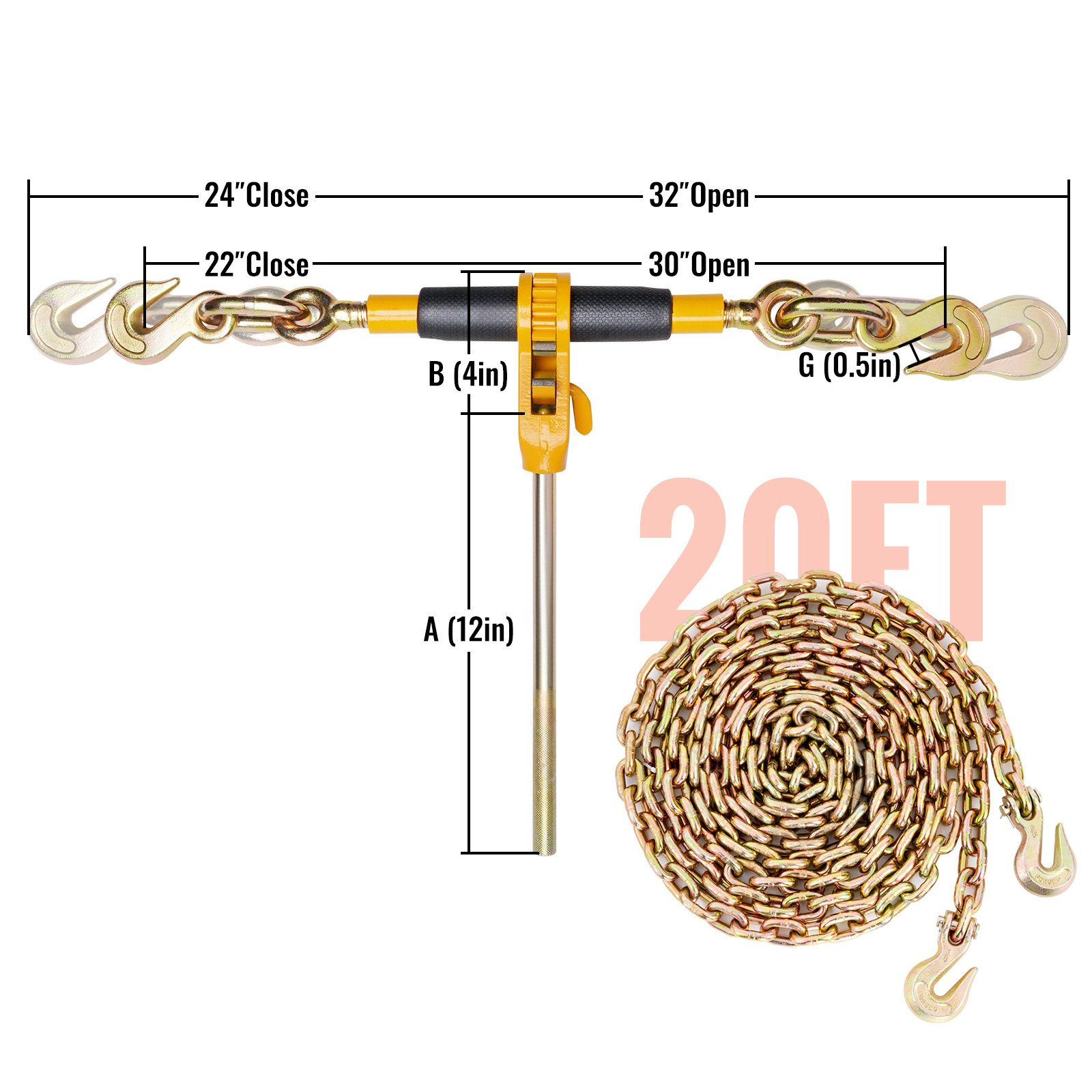 Atado de cadena con trinquete VEVOR con cadena de 20 pies, medidas de longitud y detalles del gancho.