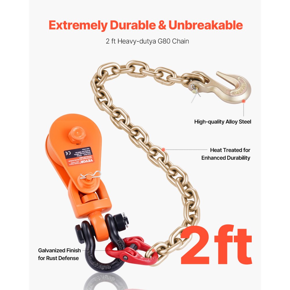 VEVOR Polea de Arrastre con Cadena G80, Grillete Giratorio, Resistencia a la Rotura de 4,5 T Diámetro de la Polea de 74 mm para Cuerda de Diámetro de 9,5 mm para Remolque y Recuperación en Grúas