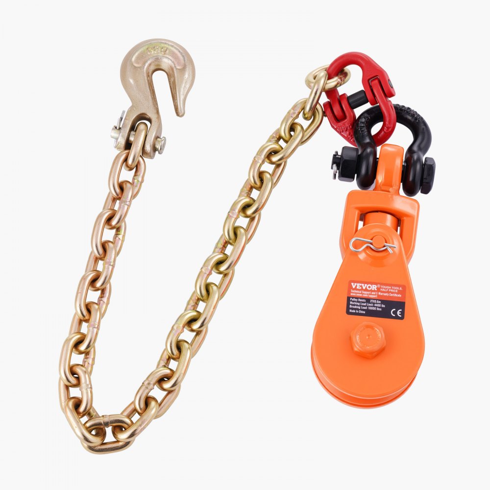 VEVOR Polea de Arrastre con Cadena G80, Grillete Giratorio, Resistencia a la Rotura de 4,5 T Diámetro de la Polea de 74 mm para Cuerda de Diámetro de 9,5 mm para Remolque y Recuperación en Grúas