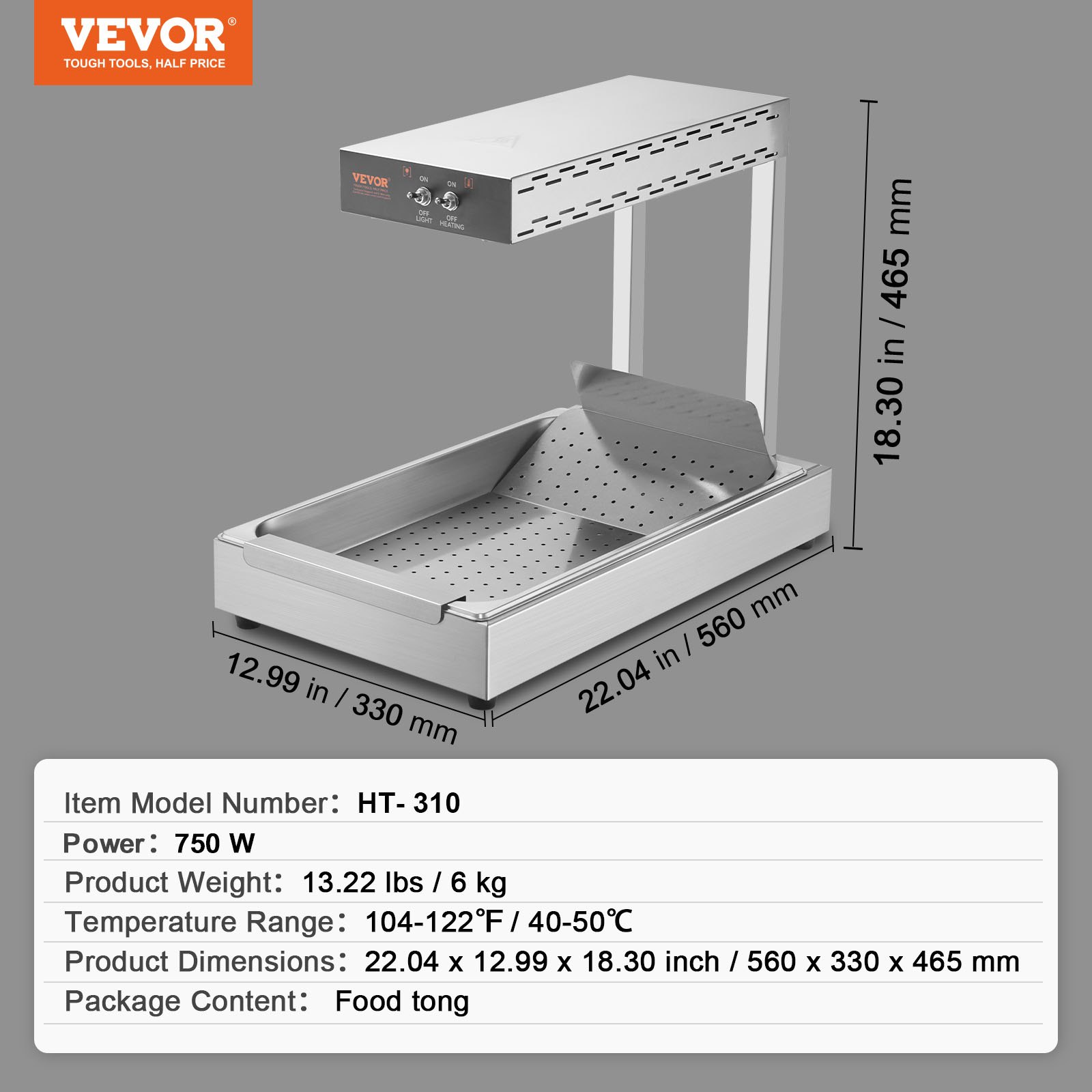 VEVOR Calentador de alimentos para patatas fritas, lámpara de calentamiento de alimentos comercial de 750 W, estación de descarga eléctrica de acero inoxidable con luz de calentamiento, encimera de 104-122 °F, calentador de alimentos para patatas fritas, buffet, cocina, restaurante, plateado