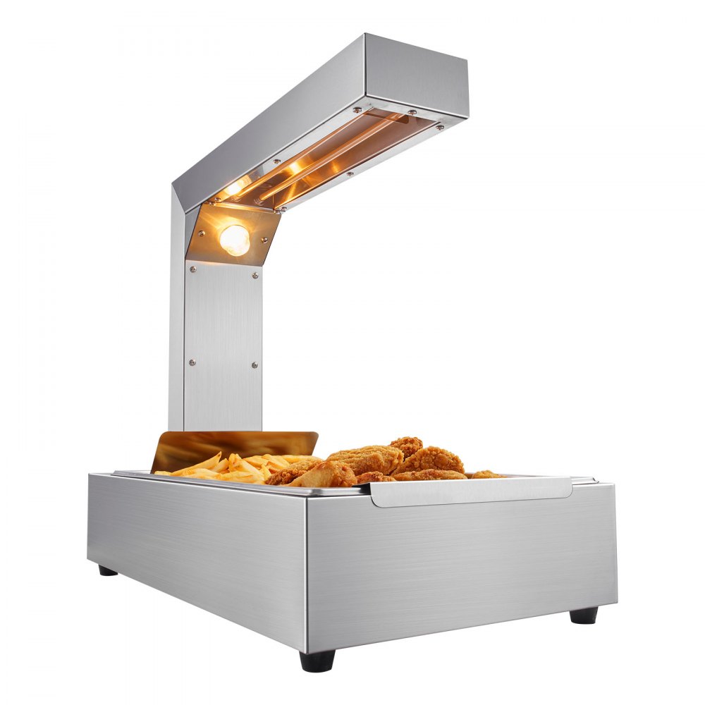 VEVOR Calentador de alimentos para patatas fritas, lámpara de calentamiento de alimentos comercial de 750 W, estación de descarga eléctrica de acero inoxidable con luz de calentamiento, encimera de 104-122 °F, calentador de alimentos para patatas fritas, buffet, cocina, restaurante, plateado