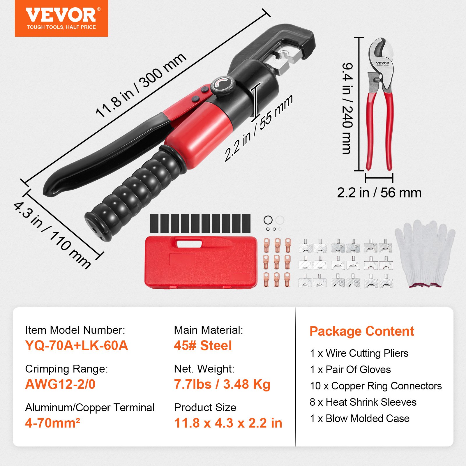 VEVOR Herramienta de engarzado hidráulica con 9 juegos de troqueles AWG12-2/0 Engarzadora de terminales de cobre y aluminio, con alicates de corte, guantes, 10 conectores de anillo de cobre, 8 fundas termorretráctiles