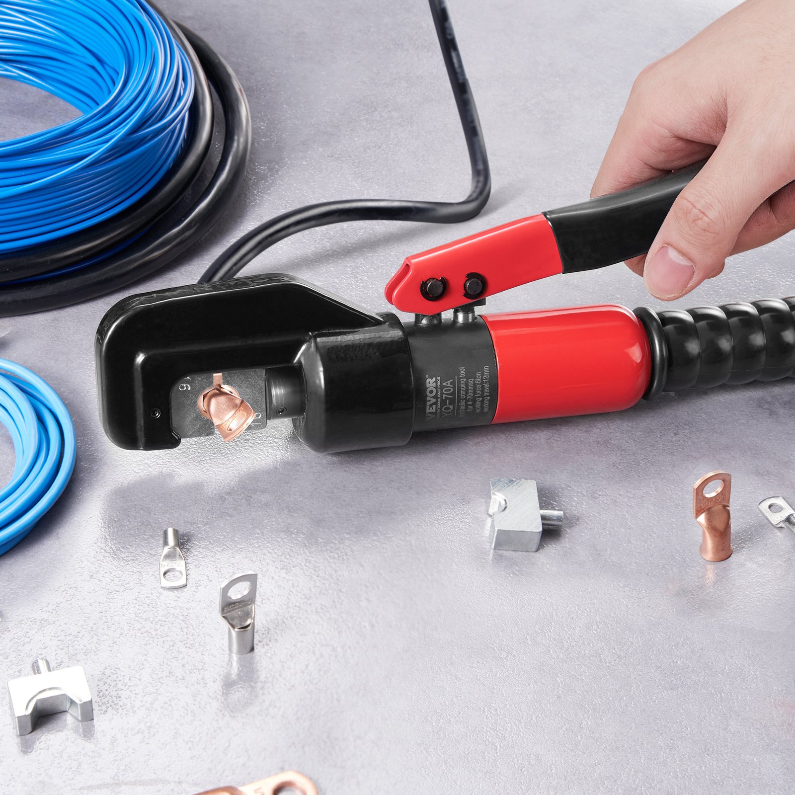 VEVOR Herramienta de engarzado hidráulica con 9 juegos de troqueles AWG12-2/0 Engarzadora de terminales de cobre y aluminio, con alicates de corte, guantes, 10 conectores de anillo de cobre, 8 fundas termorretráctiles