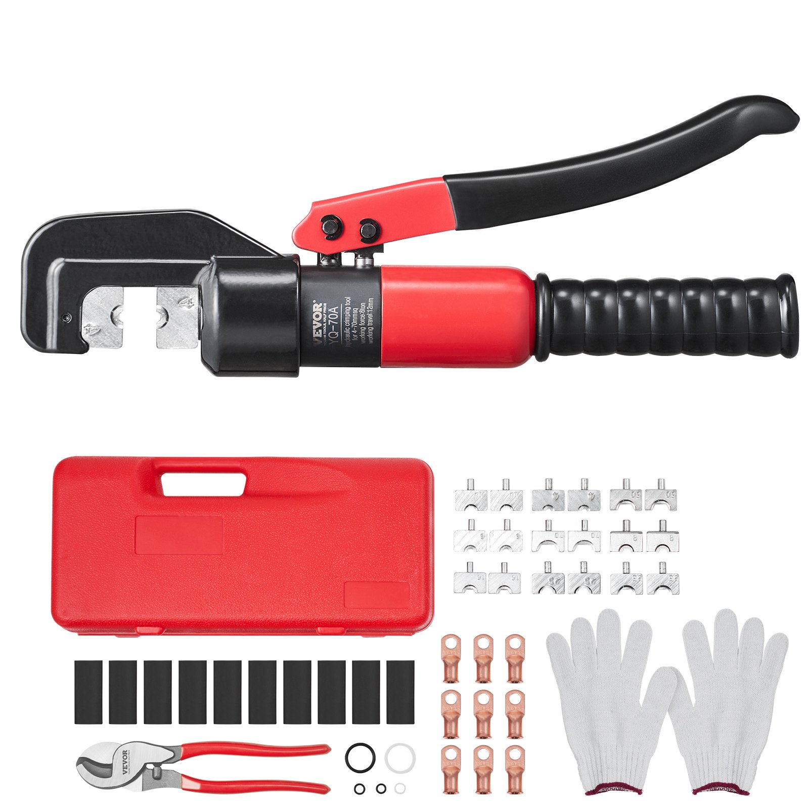 VEVOR Herramienta de engarzado hidráulica con 9 juegos de troqueles AWG12-2/0 Engarzadora de terminales de cobre y aluminio, con alicates de corte, guantes, 10 conectores de anillo de cobre, 8 fundas termorretráctiles