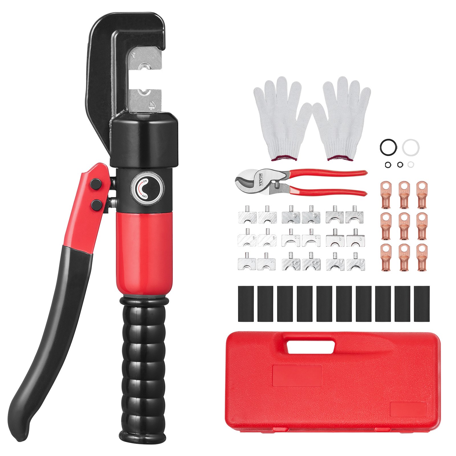 VEVOR Herramienta de engarzado hidráulica con 9 juegos de troqueles AWG12-2/0 Engarzadora de terminales de cobre y aluminio, con alicates de corte, guantes, 10 conectores de anillo de cobre, 8 fundas termorretráctiles