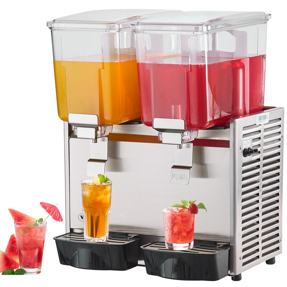 Dispensador de bebidas VEVOR con dos contenedores que dispensan bebidas de color naranja y rojo, y vasos llenos debajo.