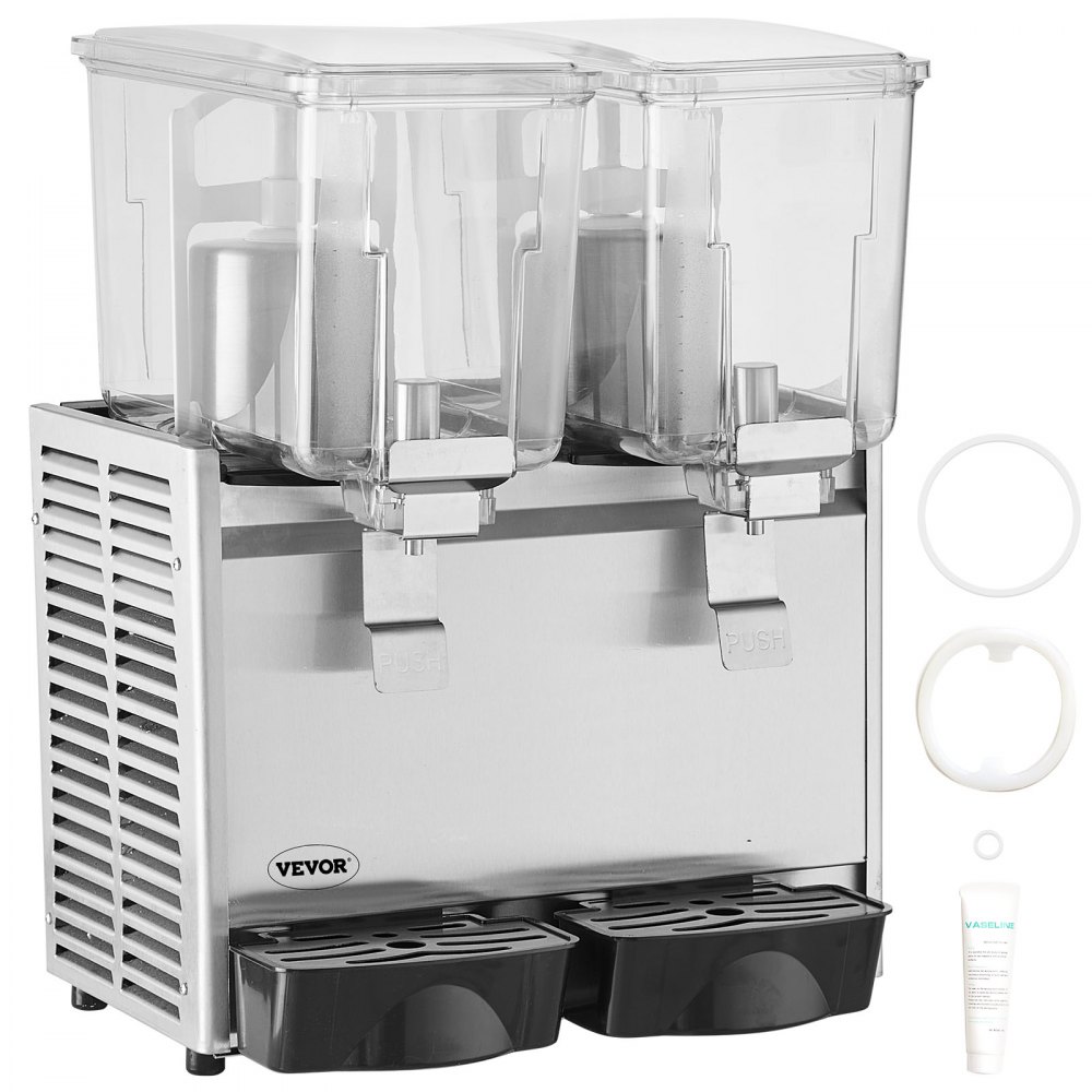 VEVOR Dispensador de bebidas comerciales, 13.6 Qt 12L 2 tanques Máquina de bebidas de té helado, 280W 304 Dispensador de jugo de acero inoxidable con controlador de termostato de 41 ℉-53.6 ℉, para bebidas frías restaurante hotel fiesta