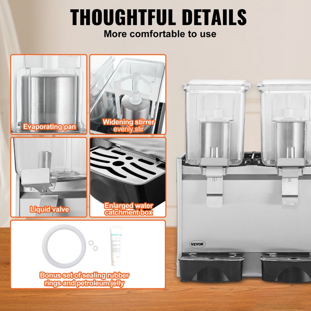 VEVOR Dispensador de bebidas comerciales, 13.6 Qt 12L 3 tanques Máquina de bebidas de té helado, 620W 304 Dispensador de jugo de acero inoxidable con controlador de termostato de 41 ℉-53.6 ℉, para beb