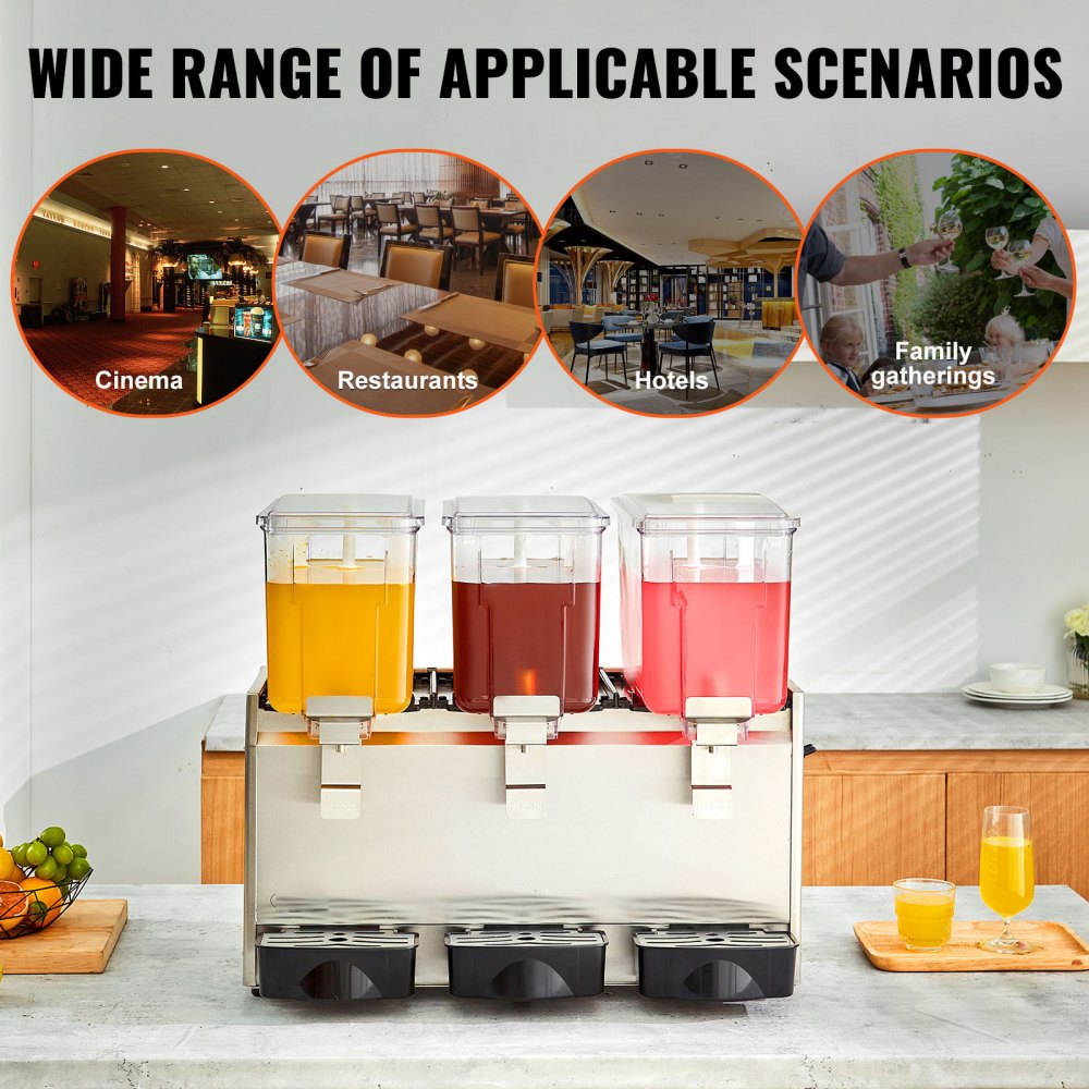 VEVOR Dispensador de bebidas comerciales, 13.6 Qt 12L 3 tanques Máquina de bebidas de té helado, 620W 304 Dispensador de jugo de acero inoxidable con controlador de termostato de 41 ℉-53.6 ℉, para beb