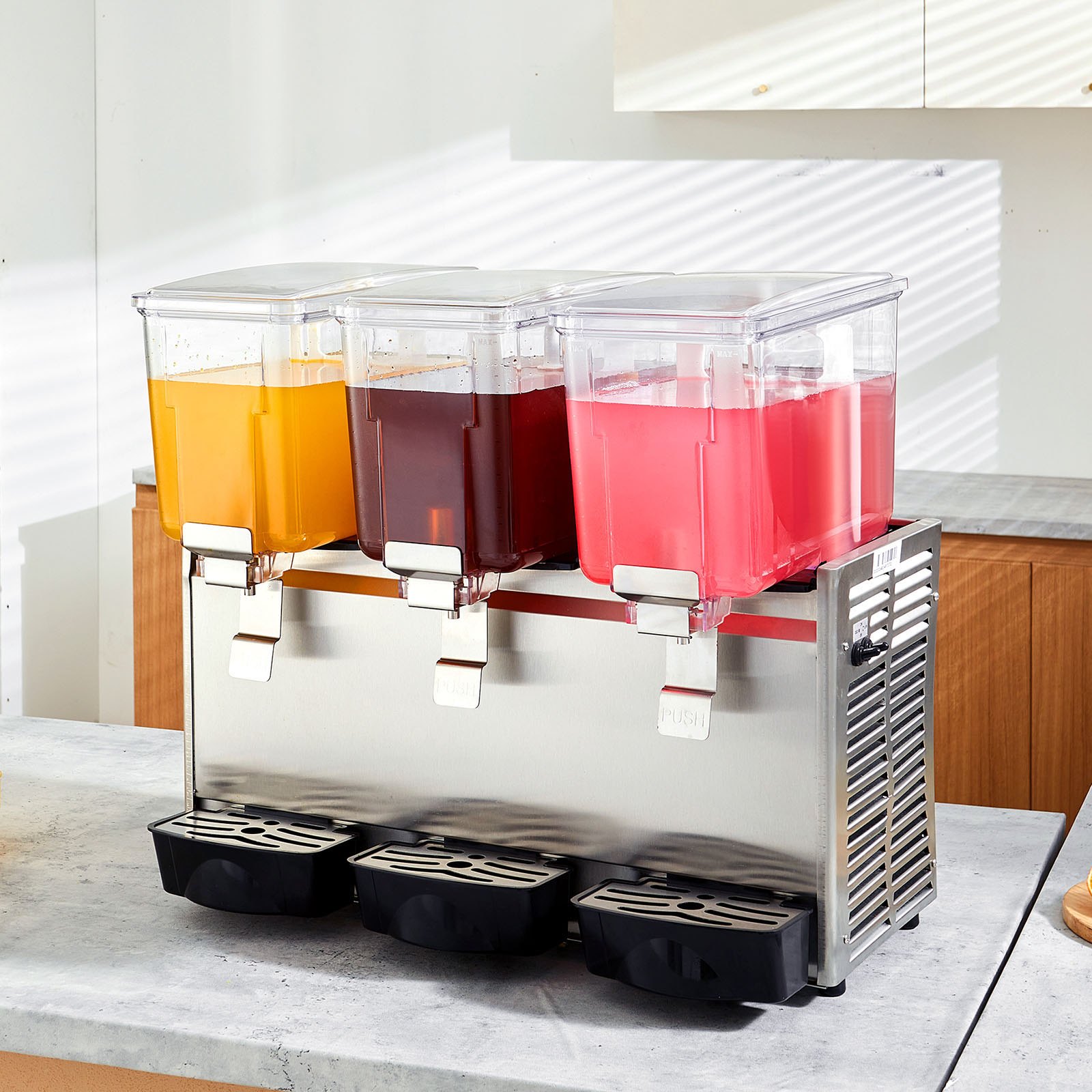 VEVOR Dispensador de bebidas comerciales, 13.6 Qt 12L 3 tanques Máquina de bebidas de té helado, 620W 304 Dispensador de jugo de acero inoxidable con controlador de termostato de 41 ℉-53.6 ℉, para beb
