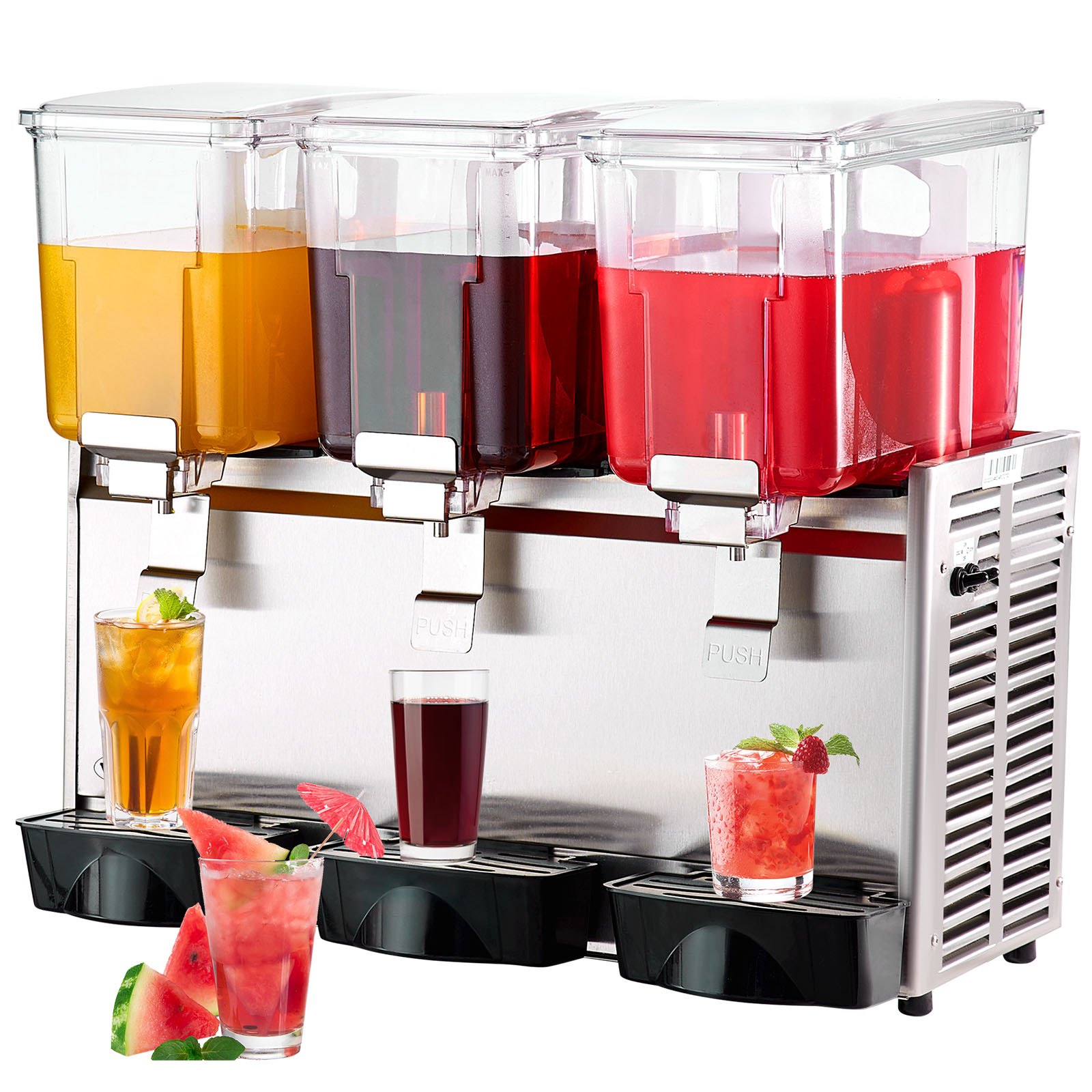 VEVOR Dispensador de bebidas comerciales, 13.6 Qt 12L 3 tanques Máquina de bebidas de té helado, 620W 304 Dispensador de jugo de acero inoxidable con controlador de termostato de 41 ℉-53.6 ℉, para beb