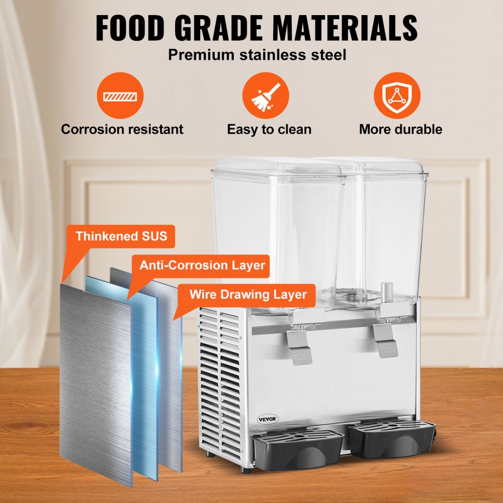 Dispensador de bebidas comercial VEVOR, 2 tanques de 18 L, 20.4 cuartos de galón, máquina para té helado, 590 W, dispensador de jugo de acero inoxidable 304 con controlador de termostato de 41 °F a 53.6 °F, para bebidas frías, restaurantes, hoteles y fiestas.
