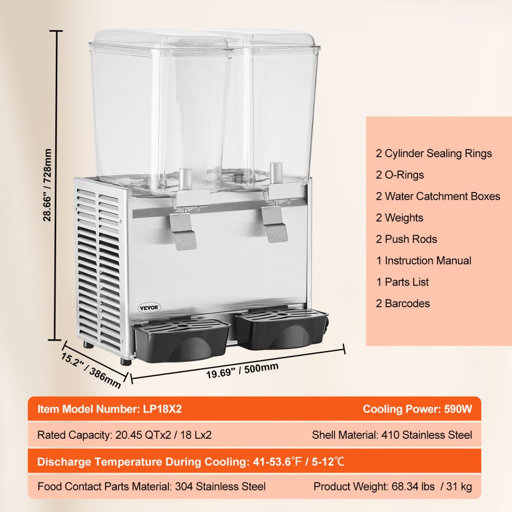 Dispensador de bebidas comercial VEVOR, 2 tanques de 18 L, 20.4 cuartos de galón, máquina para té helado, 590 W, dispensador de jugo de acero inoxidable 304 con controlador de termostato de 41 °F a 53.6 °F, para bebidas frías, restaurantes, hoteles y fiestas.