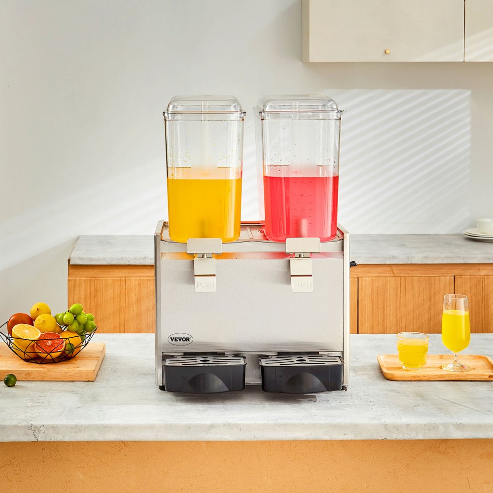 Dispensador de bebidas comercial VEVOR, 2 tanques de 18 L, 20.4 cuartos de galón, máquina para té helado, 590 W, dispensador de jugo de acero inoxidable 304 con controlador de termostato de 41 °F a 53.6 °F, para bebidas frías, restaurantes, hoteles y fiestas.