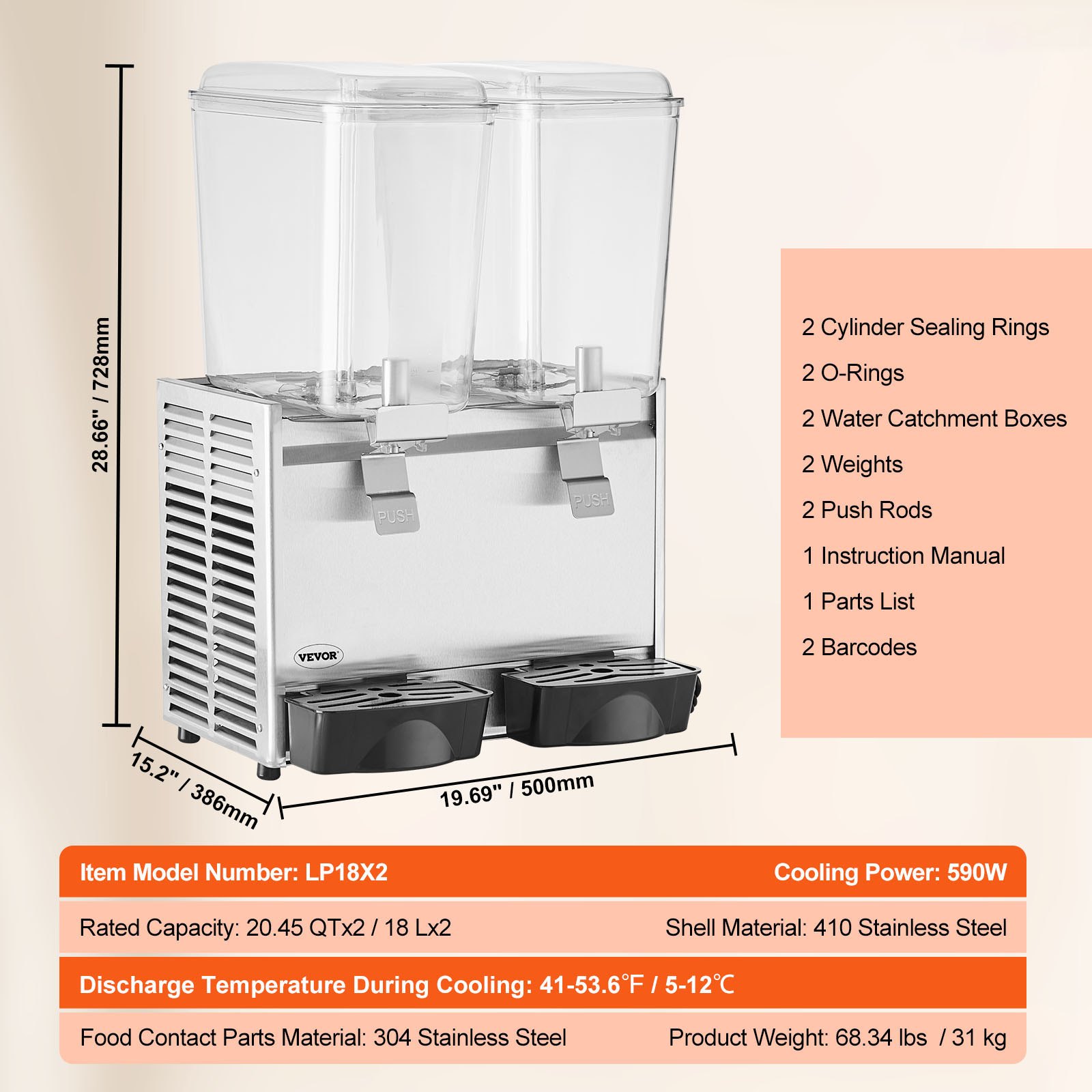 Dispensador de bebidas comercial VEVOR, 2 tanques de 18 L, 20.4 cuartos de galón, máquina para té helado, 590 W, dispensador de jugo de acero inoxidable 304 con controlador de termostato de 41 °F a 53.6 °F, para bebidas frías, restaurantes, hoteles y fiestas.