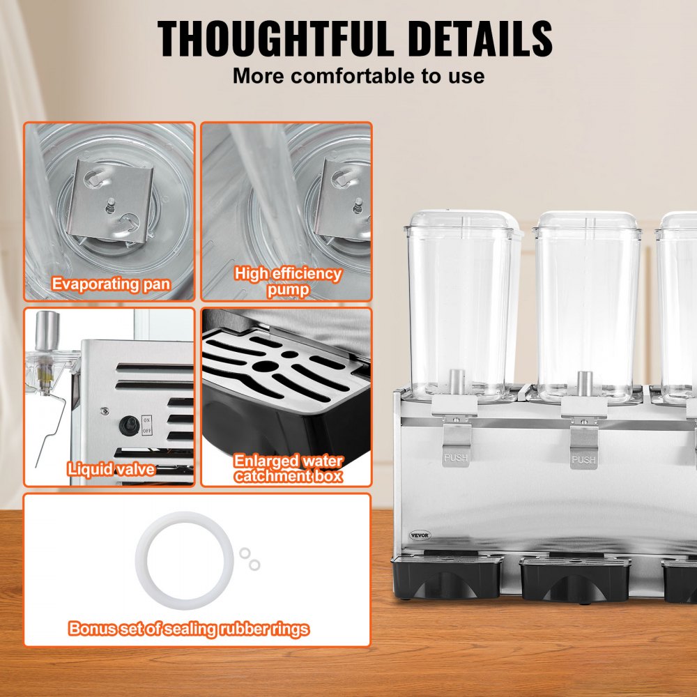 VEVOR Dispensador de bebidas comerciales, 20.4 Qt 18L 3 tanques Máquina de bebidas de té helado, 680W 304 Dispensador de jugo de acero inoxidable con controlador de termostato de 41 ℉-53.6 ℉, para bebidas frías restaurante hotel fiesta