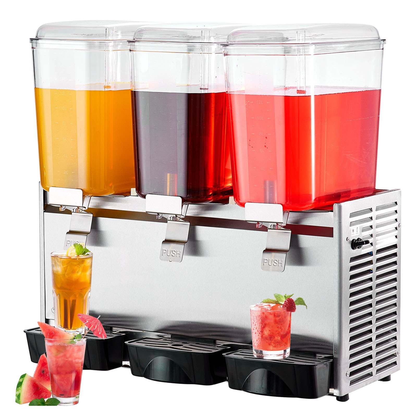 VEVOR Dispensador de bebidas comerciales, 20.4 Qt 18L 3 tanques Máquina de bebidas de té helado, 680W 304 Dispensador de jugo de acero inoxidable con controlador de termostato de 41 ℉-53.6 ℉, para bebidas frías restaurante hotel fiesta