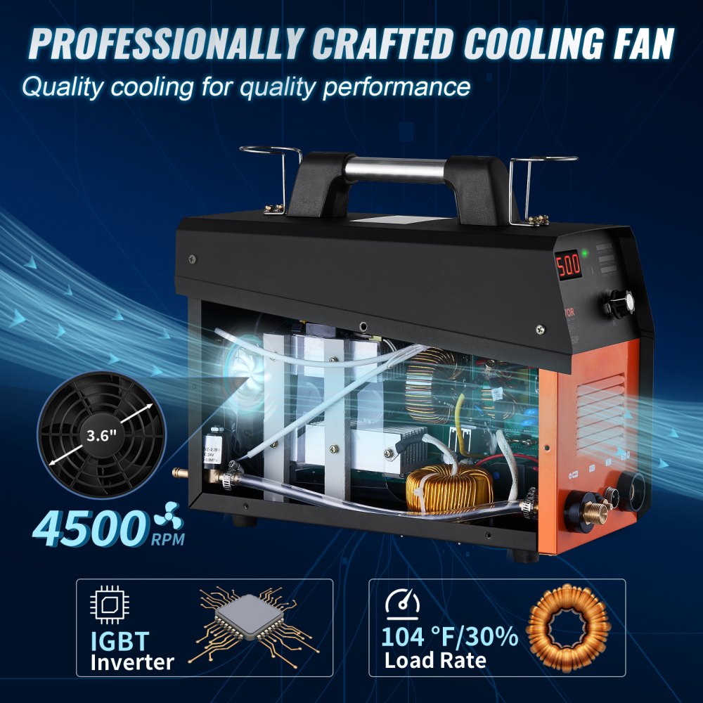 El cortador de plasma VEVOR cuenta con un ventilador de enfriamiento de 4500 rpm, inversor IGBT y capacidad de velocidad de carga de 104 °F/30 %.