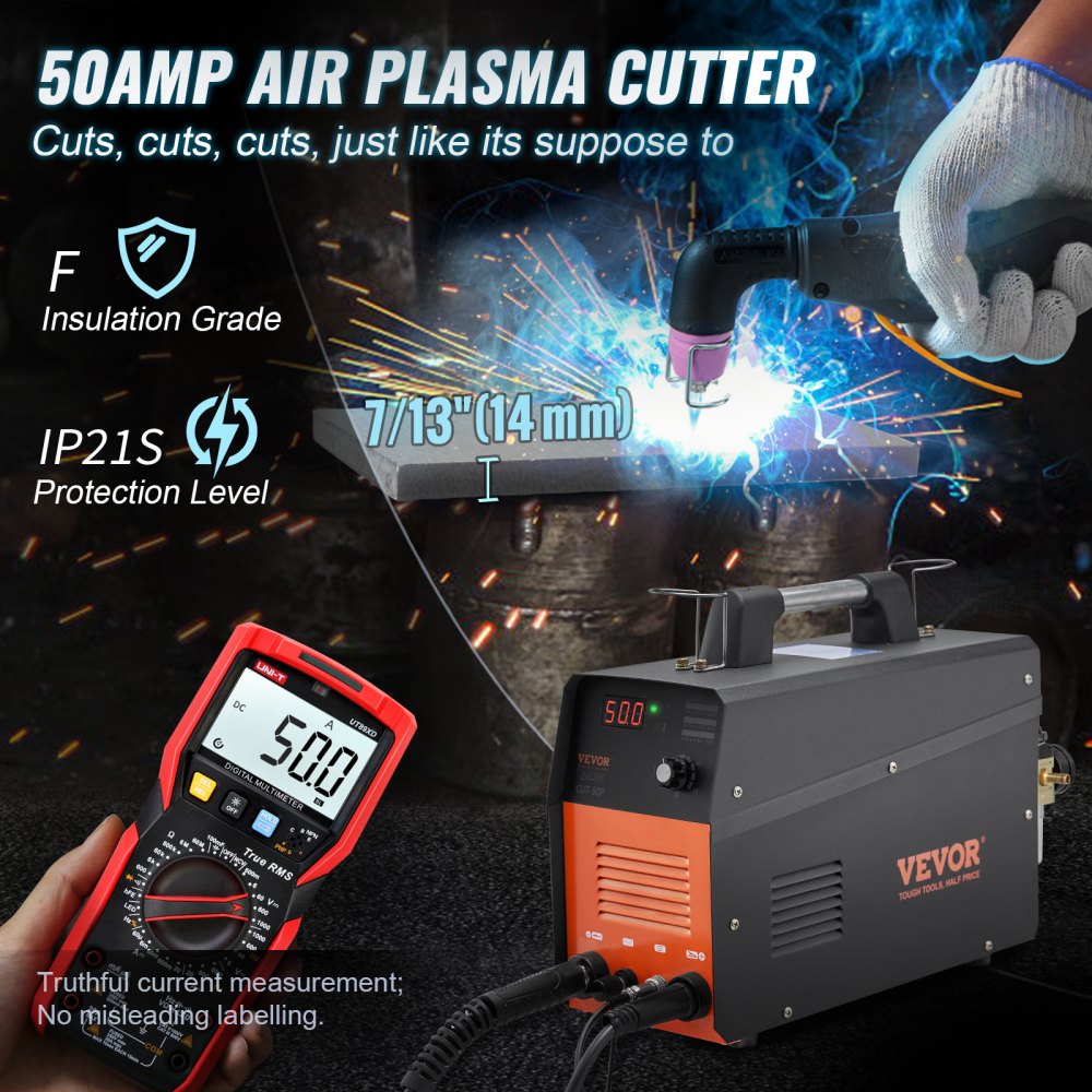 Cortador de plasma VEVOR de 50 amperios, corte de placa de acero, muestra protección ip21s y grado de aislamiento f.