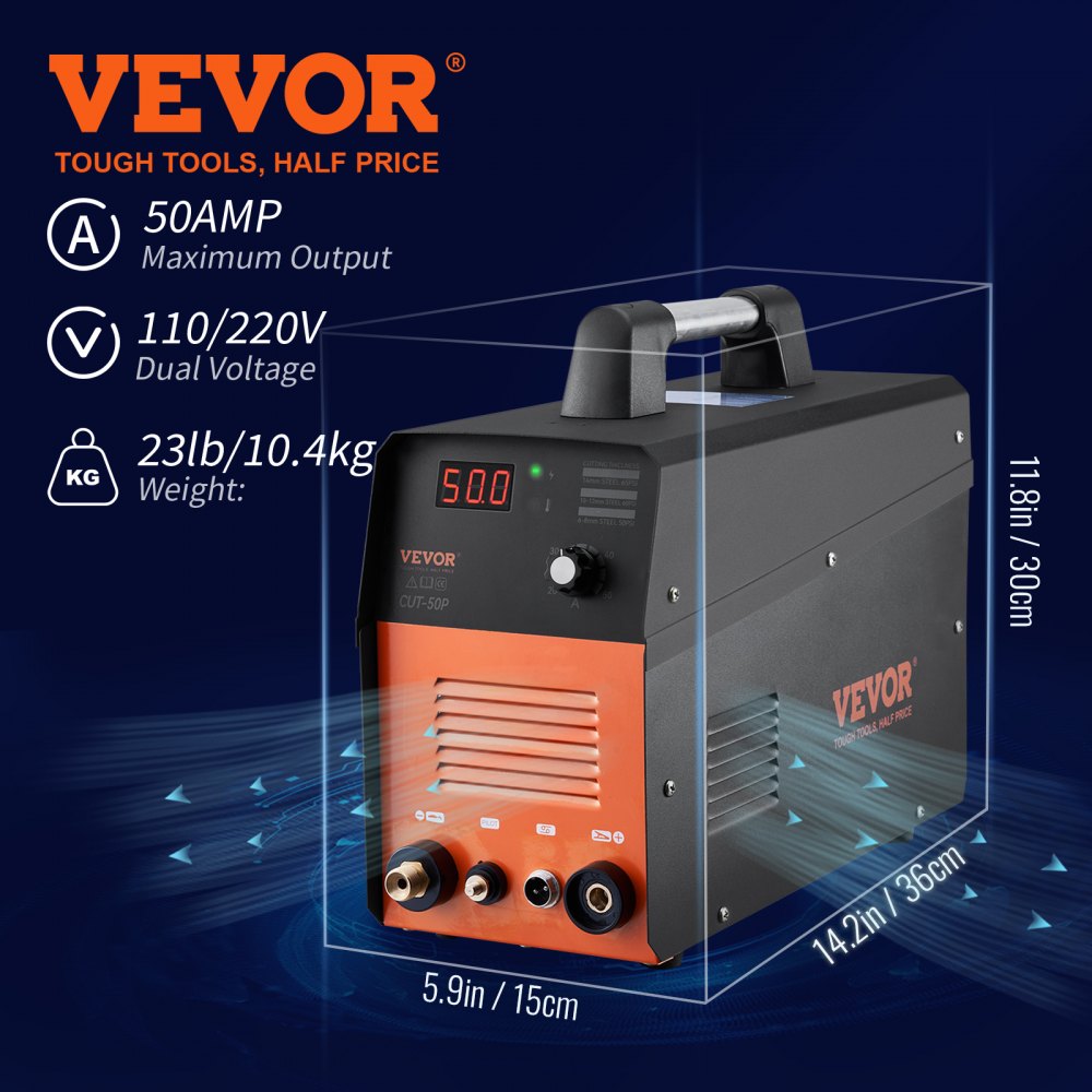 Cortador de plasma VEVOR, 50 amperios, voltaje dual, peso de 23 lb, con dimensiones de 14,2&quot; x 5,9&quot; x 11,8&quot;.