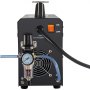 Vista trasera del cortador de plasma VEVOR que muestra el interruptor de encendido/apagado, el ventilador y el manómetro con mangueras.