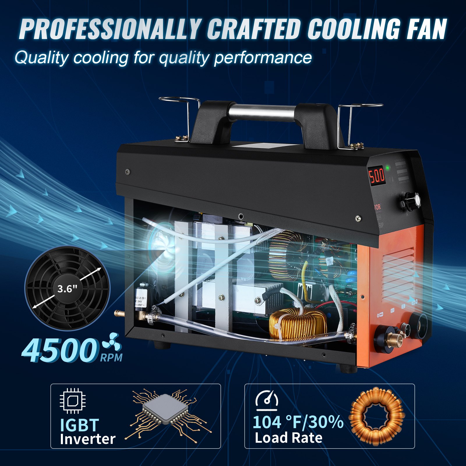 El cortador de plasma VEVOR cuenta con un ventilador de enfriamiento de 4500 rpm, inversor IGBT y capacidad de velocidad de carga de 104 °F/30 %.