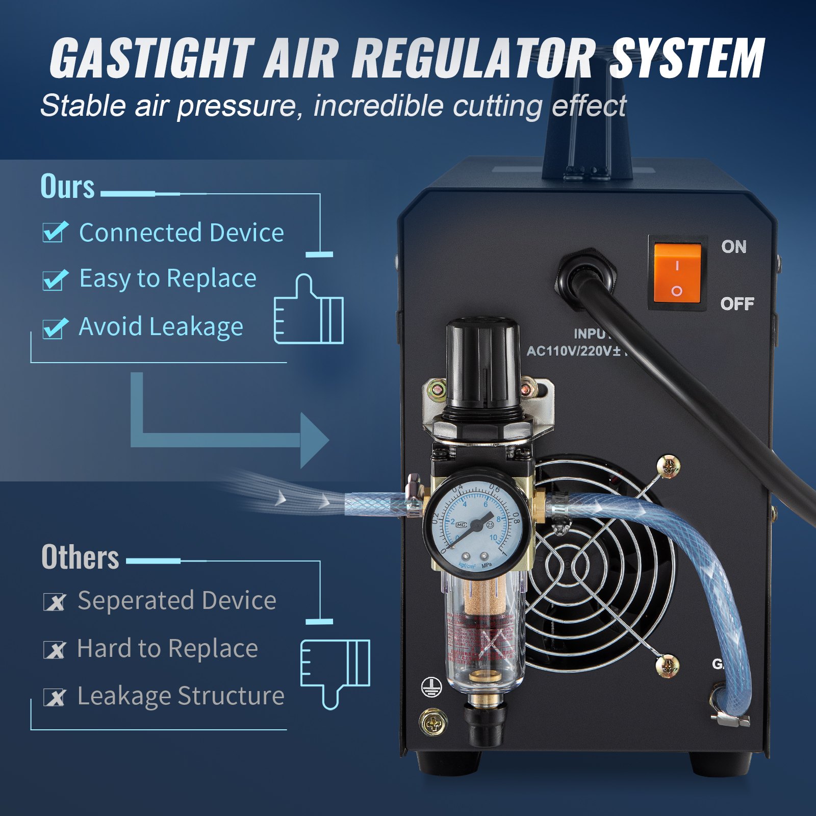 Cortador de plasma VEVOR con sistema regulador de aire hermético para una presión de aire estable y un corte increíble.