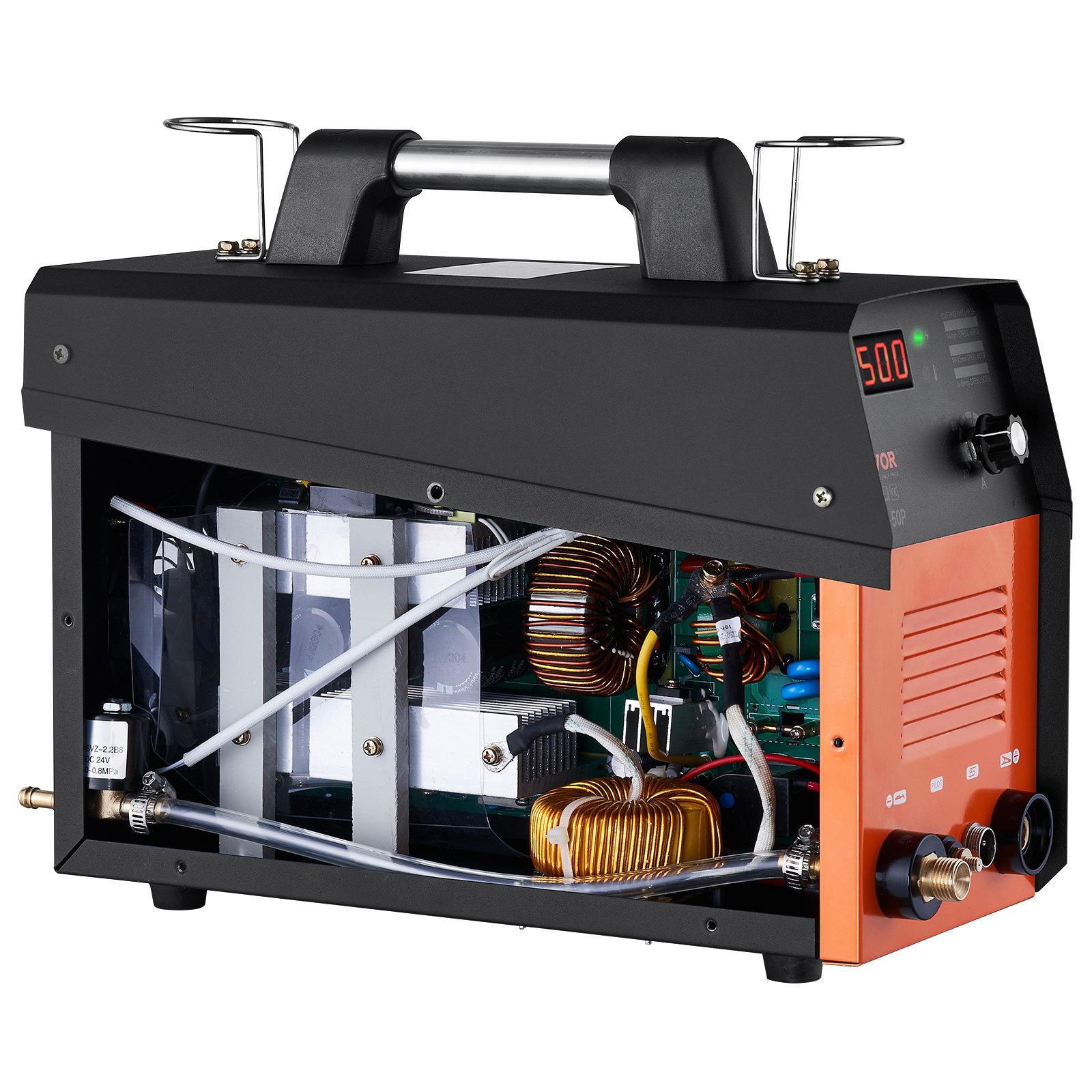 Cortador de plasma VEVOR con carcasa negra y componentes internos expuestos, con bobinas y cables.