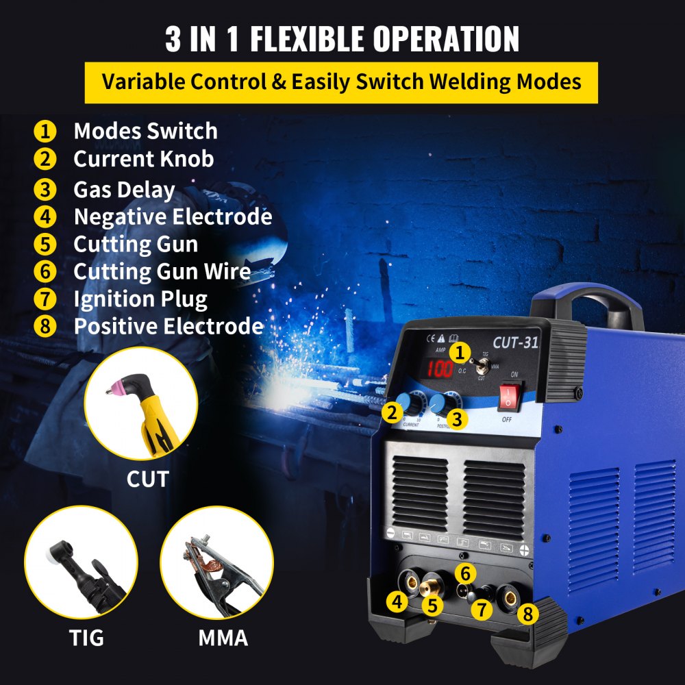 VEVOR TIG/MMA Cortador de plasma CT312P 3 en 1 Máquina de soldadura combinada Soldador Tig 120A Soldador de arco 120A Cortador de plasma 30A Máquina de corte por plasma de arco piloto sin contacto Voltaje dual 110 220V