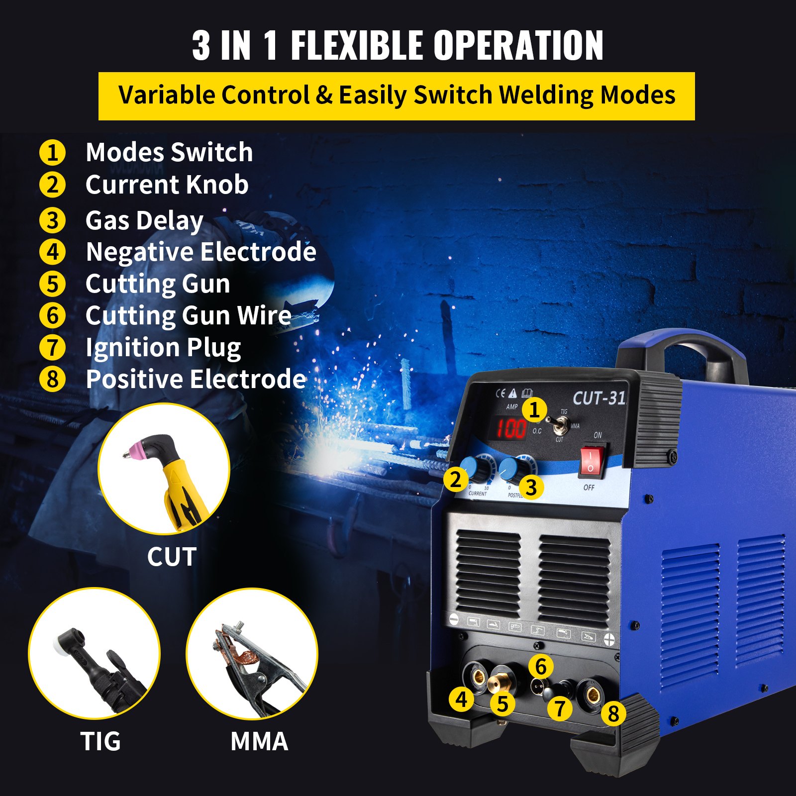 VEVOR TIG/MMA Cortador de plasma CT312P 3 en 1 Máquina de soldadura combinada Soldador Tig 120A Soldador de arco 120A Cortador de plasma 30A Máquina de corte por plasma de arco piloto sin contacto Voltaje dual 110 220V