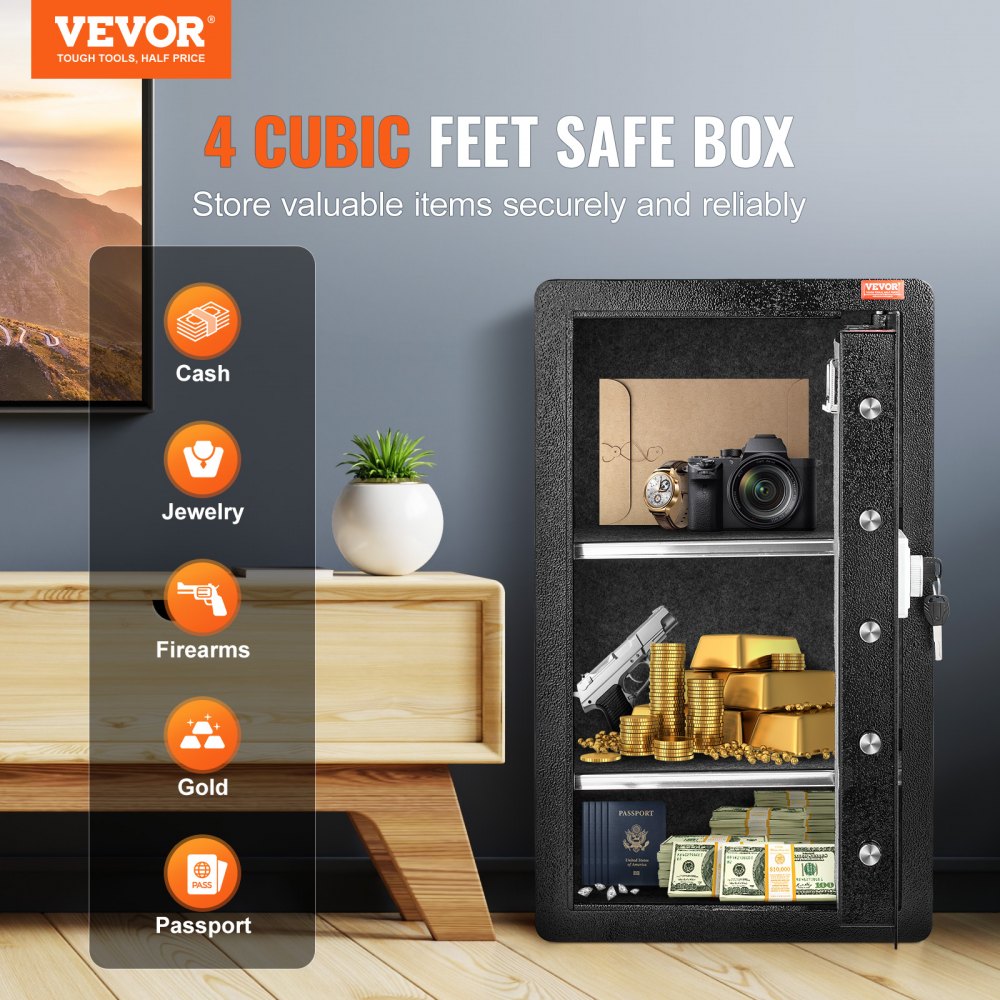 VEVOR Caja de Seguridad de Una Puerta de 113,27 L, con Cerradura con Llave, Contraseña y Huella Dactilar, Caja de Seguridad con Bolsa Ignífuga, Estante para Llaves, Luz LED y 2 Estantes, Negro