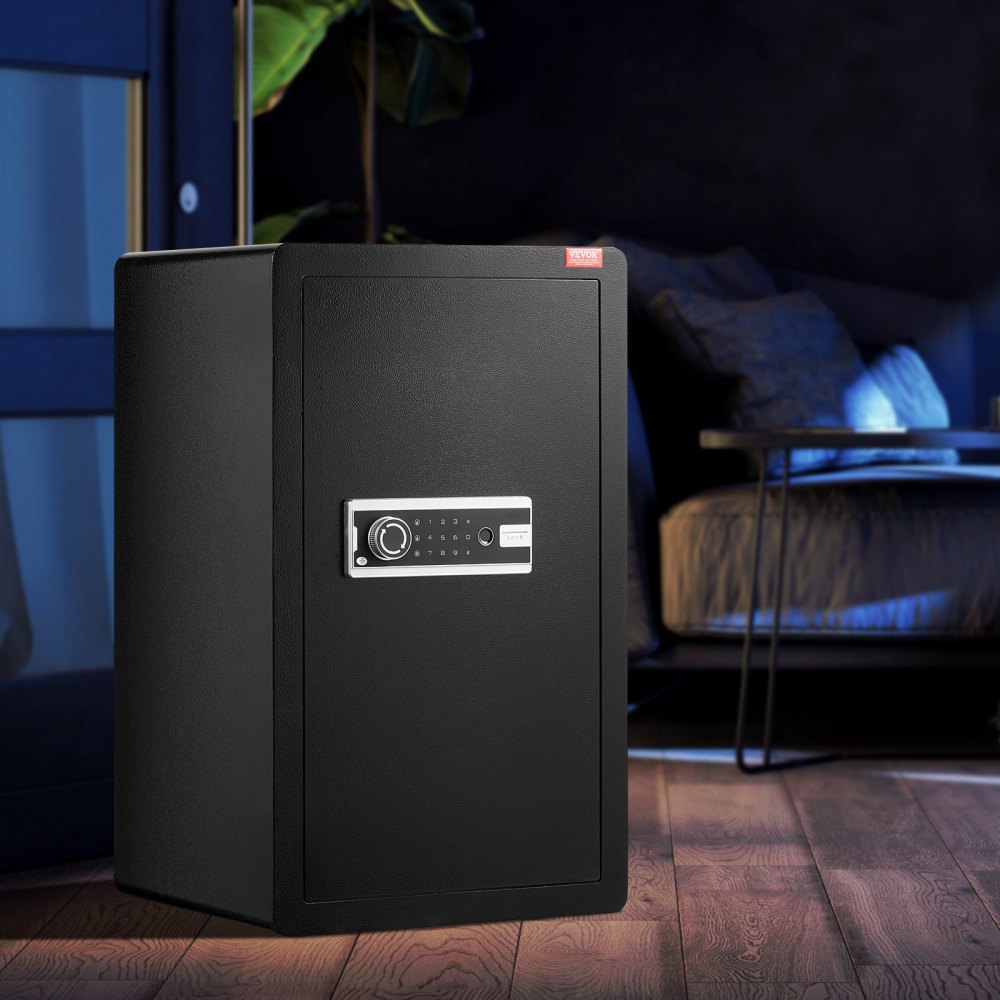 VEVOR Caja de Seguridad de Una Puerta de 113,27 L, con Cerradura con Llave, Contraseña y Huella Dactilar, Caja de Seguridad con Bolsa Ignífuga, Estante para Llaves, Luz LED y 2 Estantes, Negro