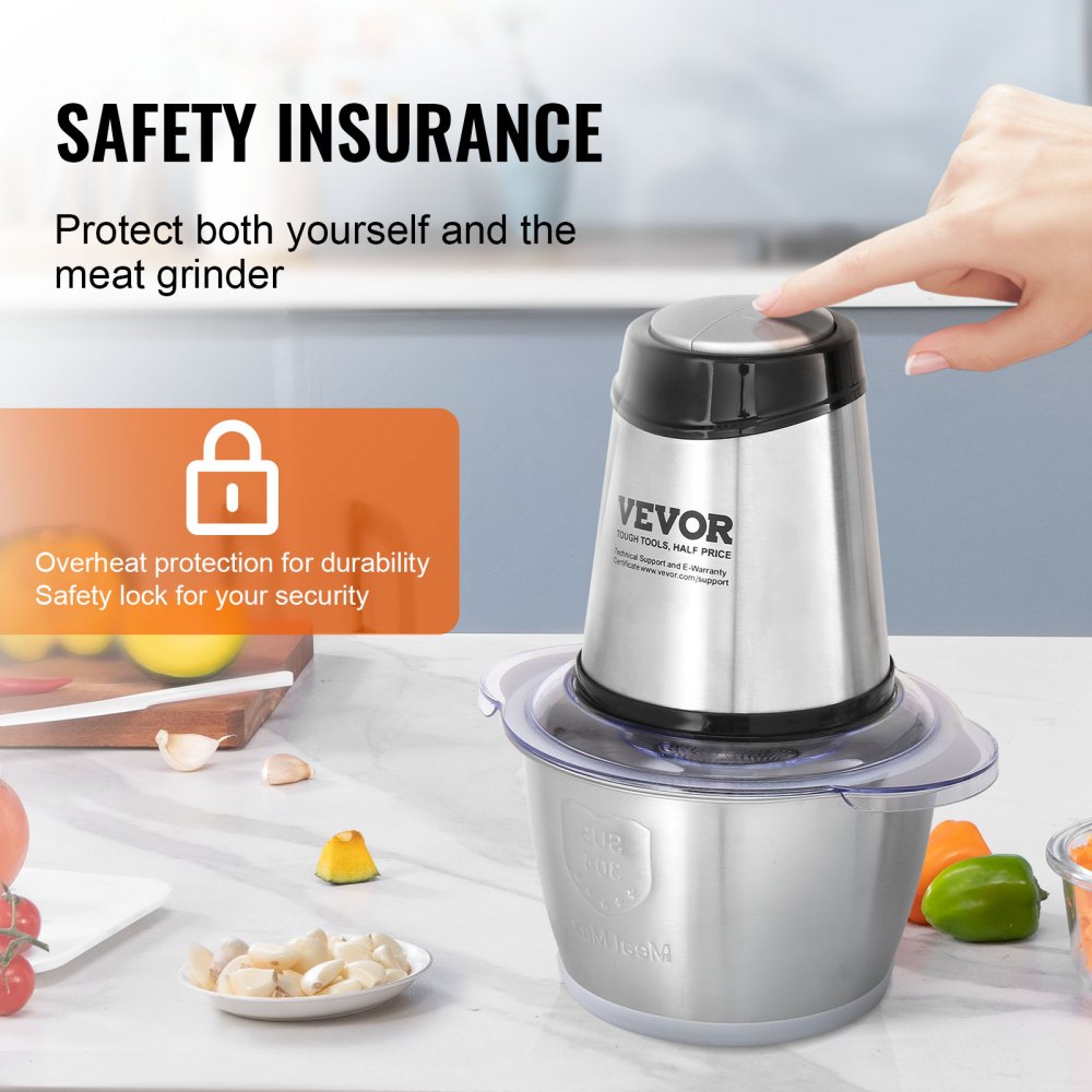 Procesador de alimentos VEVOR, picadora de carne eléctrica con cuchillas de acero inoxidable de 4 asas, capacidad de 8 tazas + 5 tazas, dos tazones, 400 W, 2 velocidades, para comida de bebé, carne, cebolla y verduras.